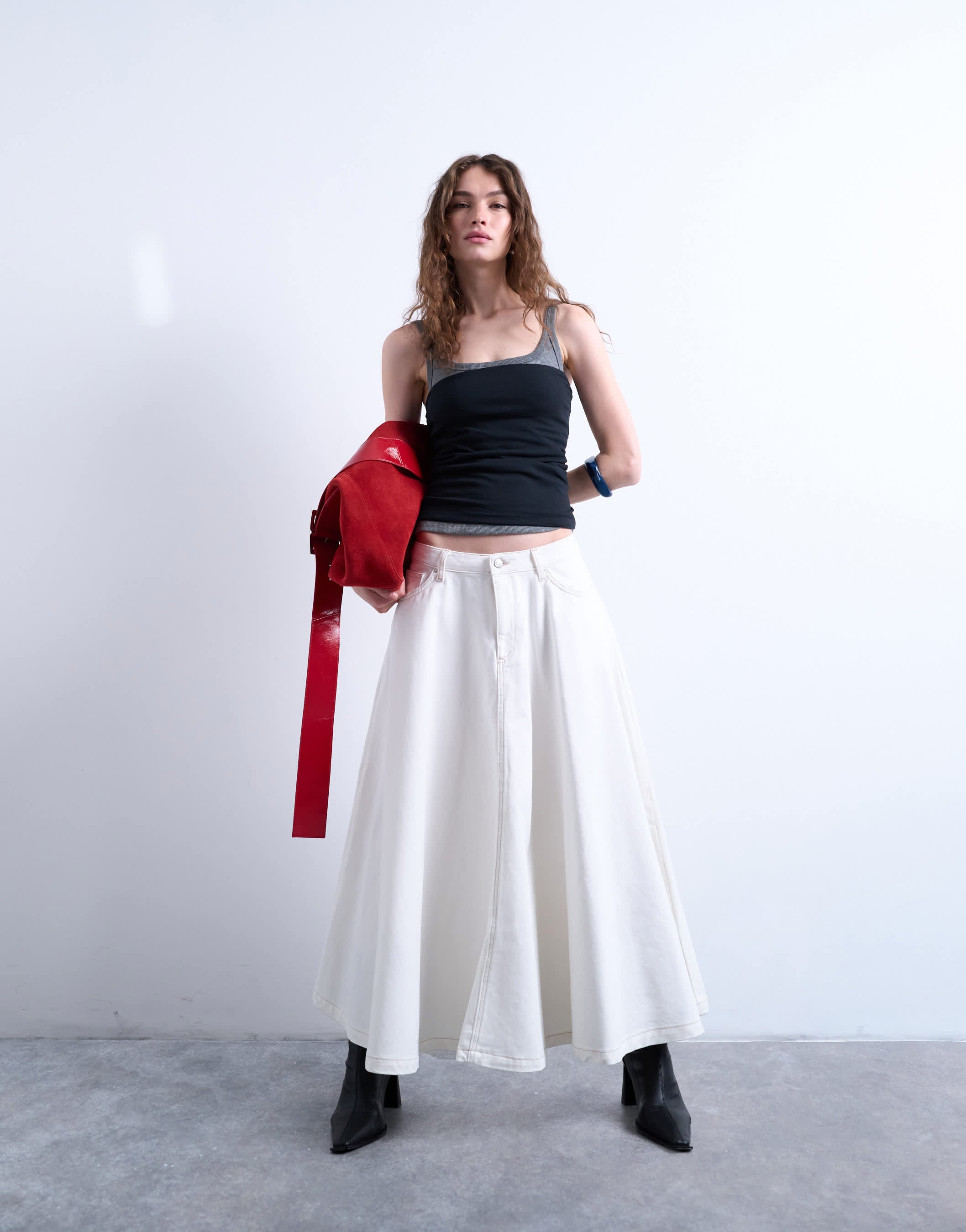 Topshop denim maxi full circle skirt in ecru