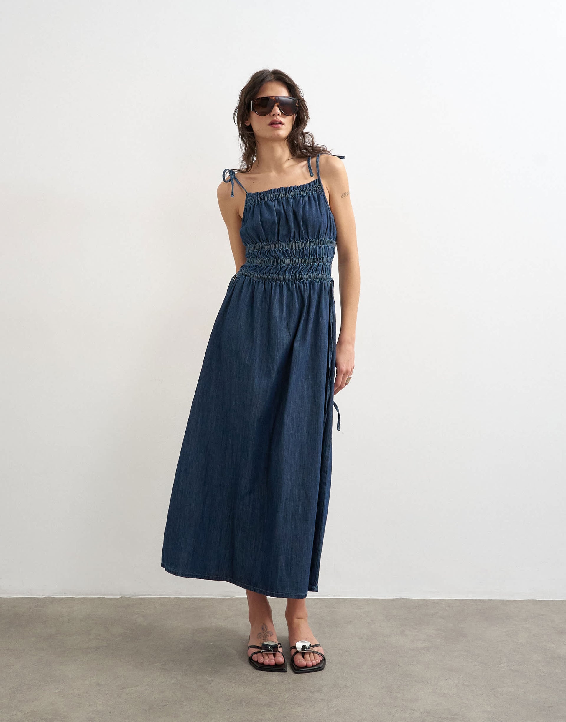 Topshop denim shirred maxi dress with straps in mid blue