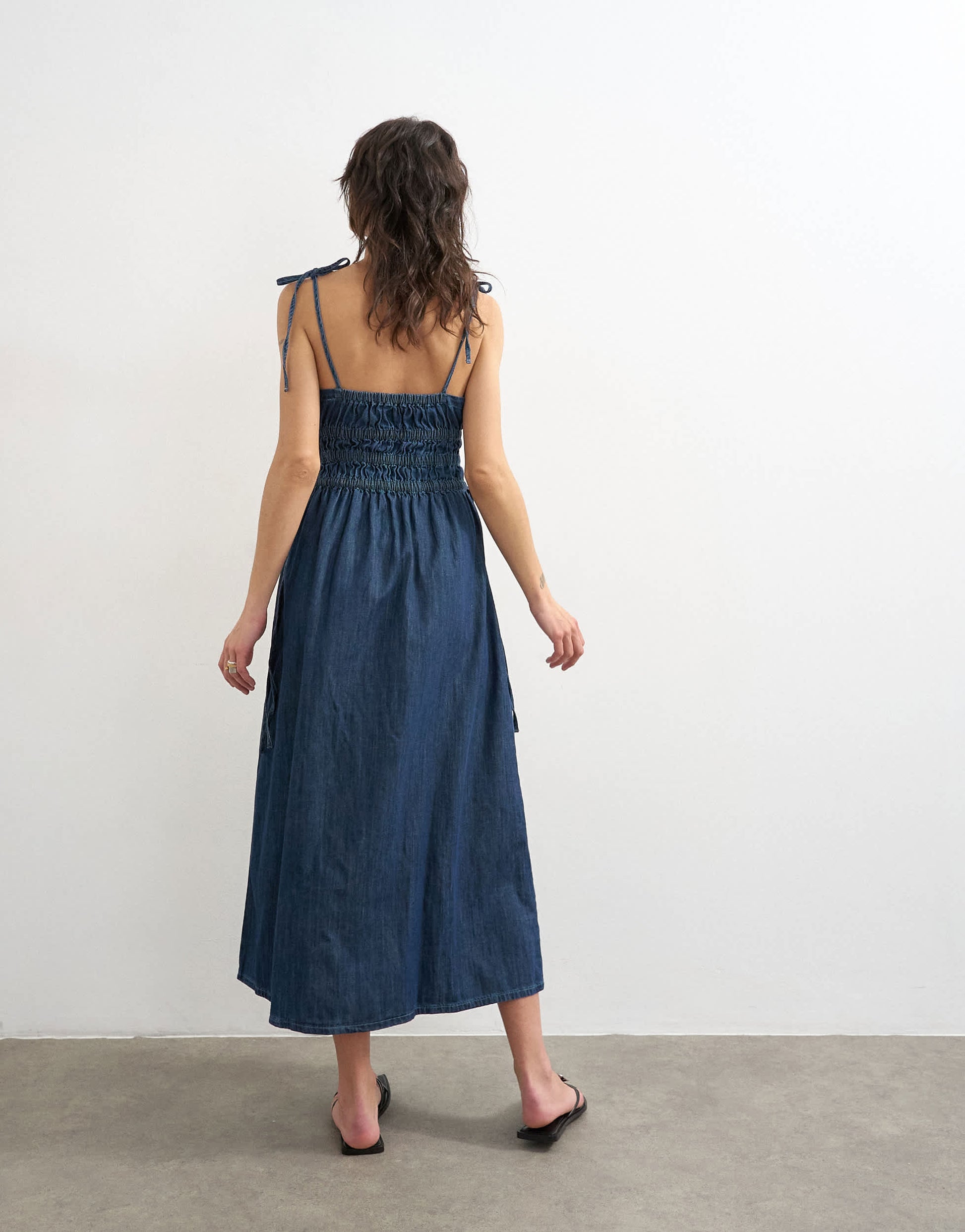 Topshop denim shirred maxi dress with straps in mid blue