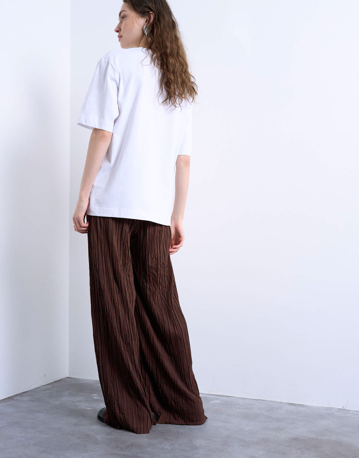 Topshop crinkle wide leg trousers in chocolate brown