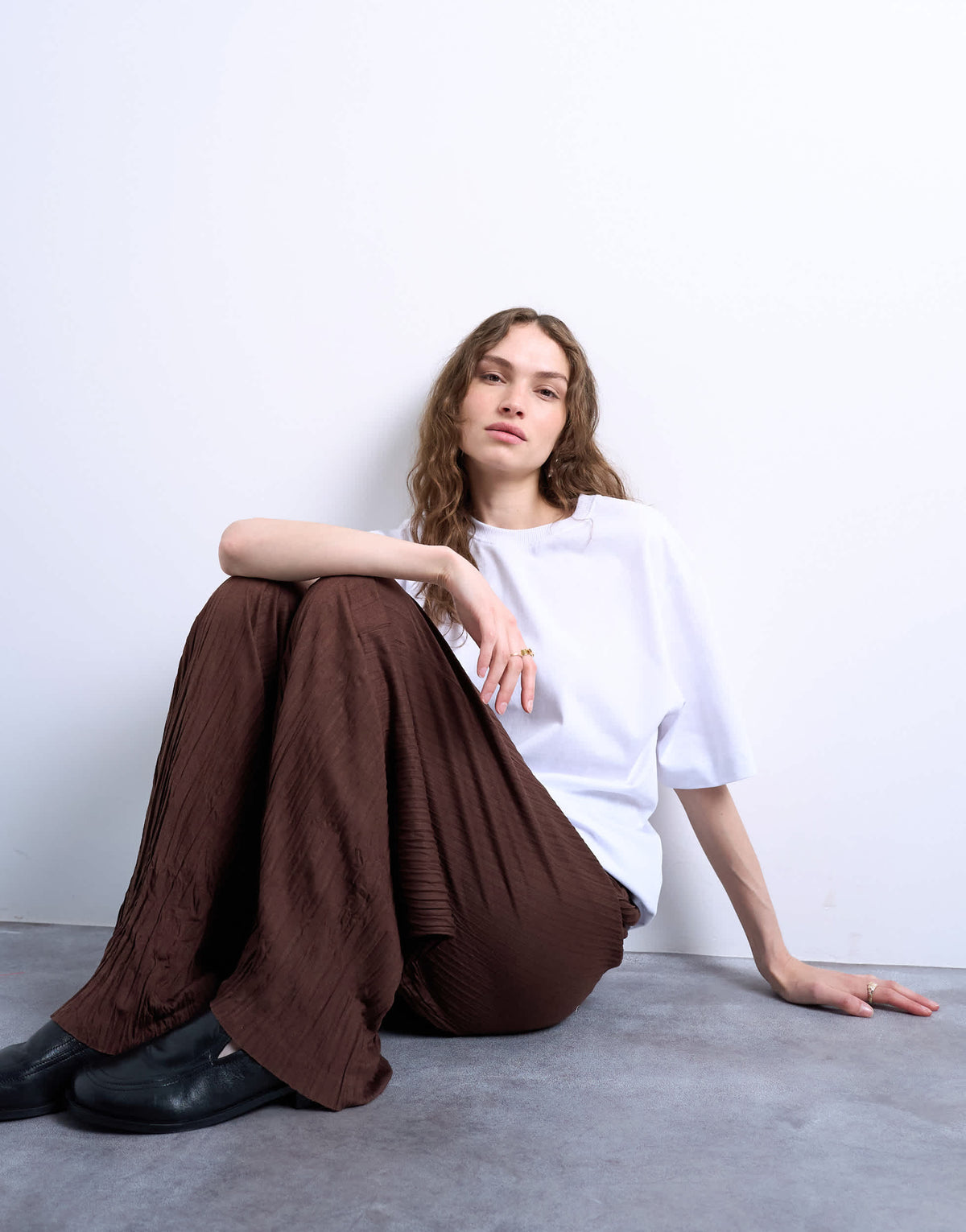 Topshop crinkle wide leg trousers in chocolate brown