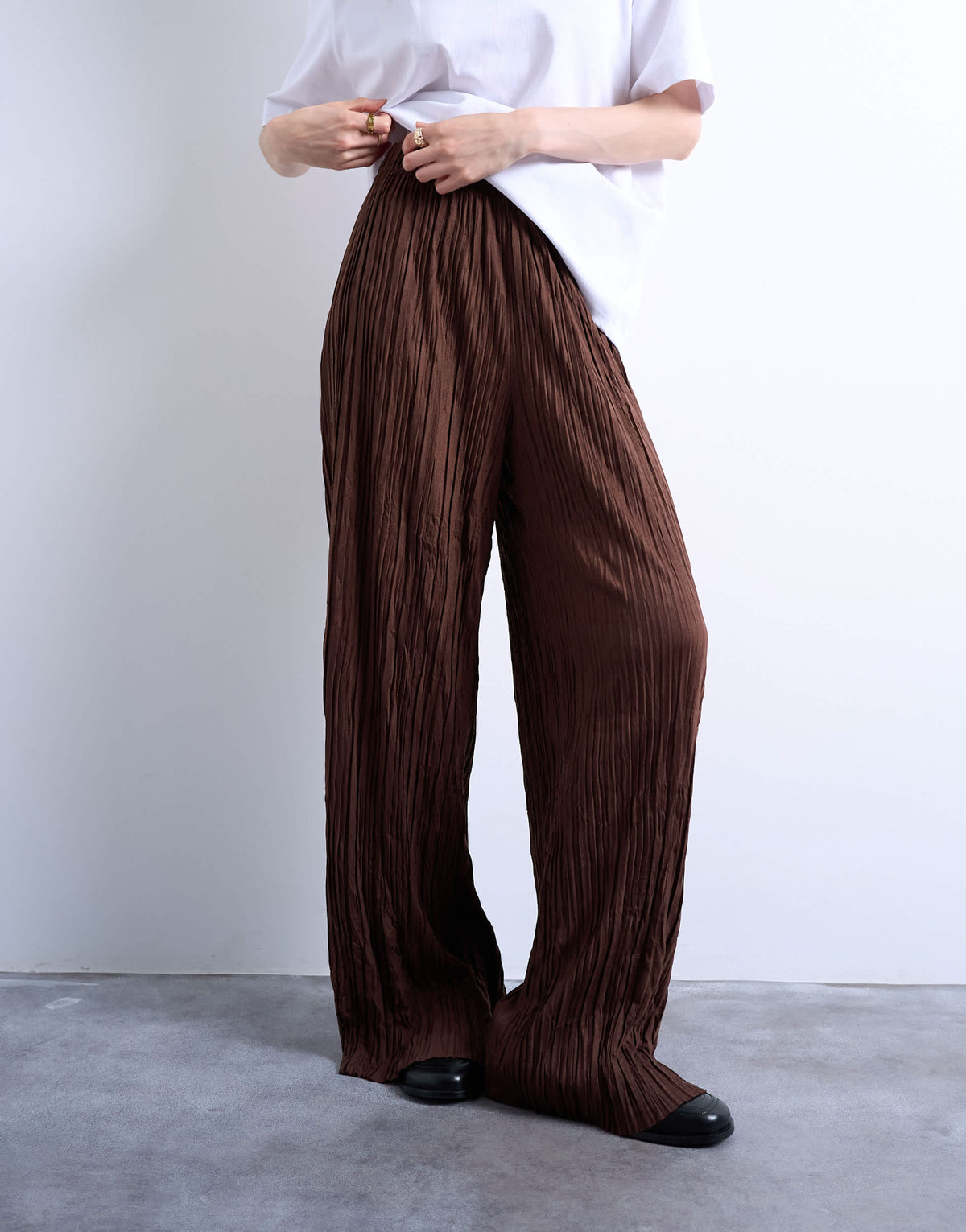 Topshop crinkle wide leg trousers in chocolate brown
