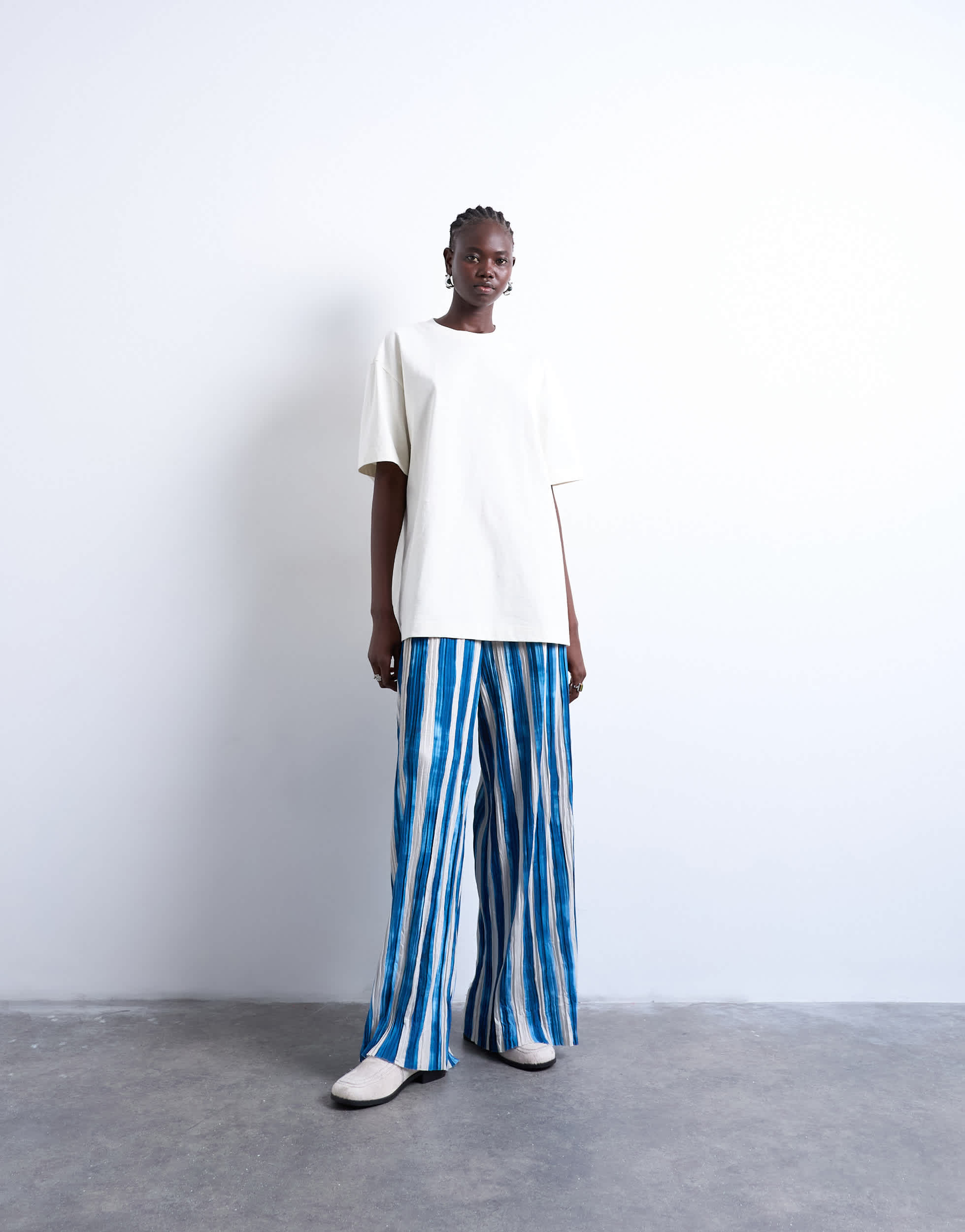 Topshop stripe crinkle wide leg trousers in navy