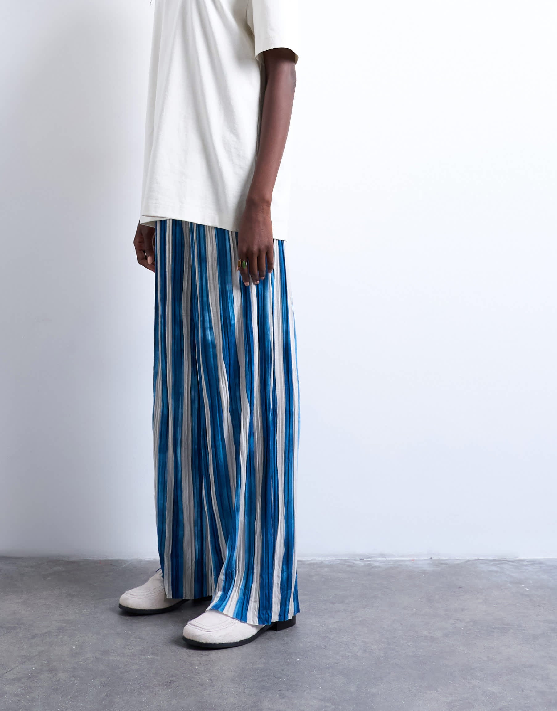 Topshop stripe crinkle wide leg trousers in navy