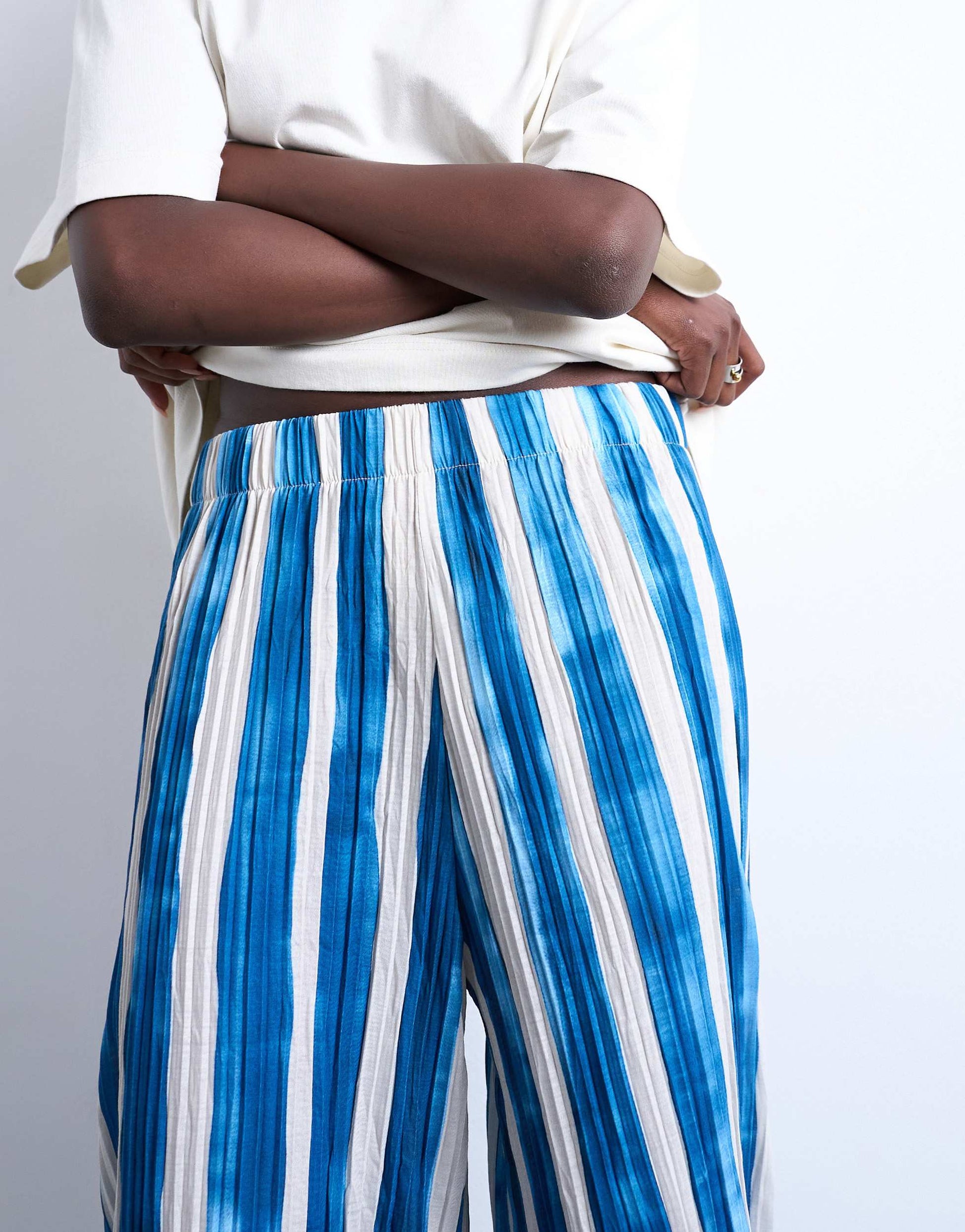 Topshop stripe crinkle wide leg trousers in navy