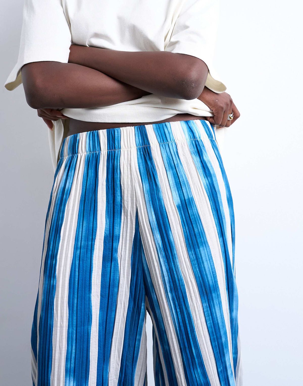 Topshop stripe crinkle wide leg trousers in navy