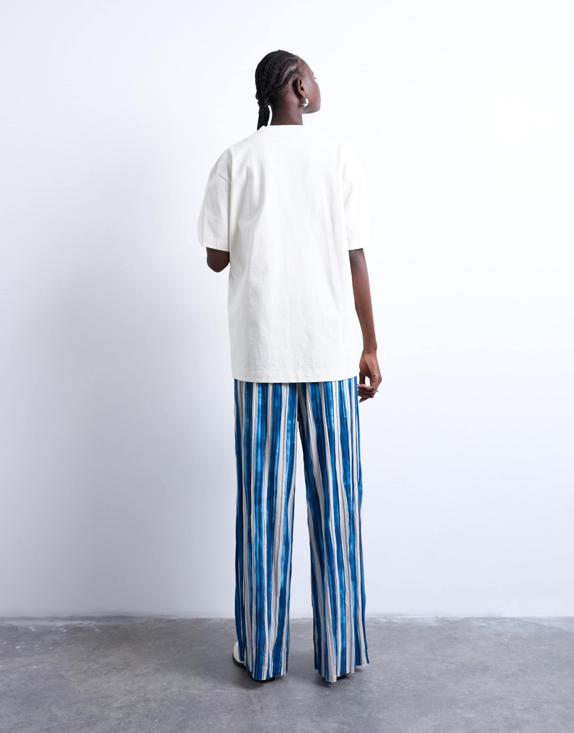 Topshop stripe crinkle wide leg trousers in navy