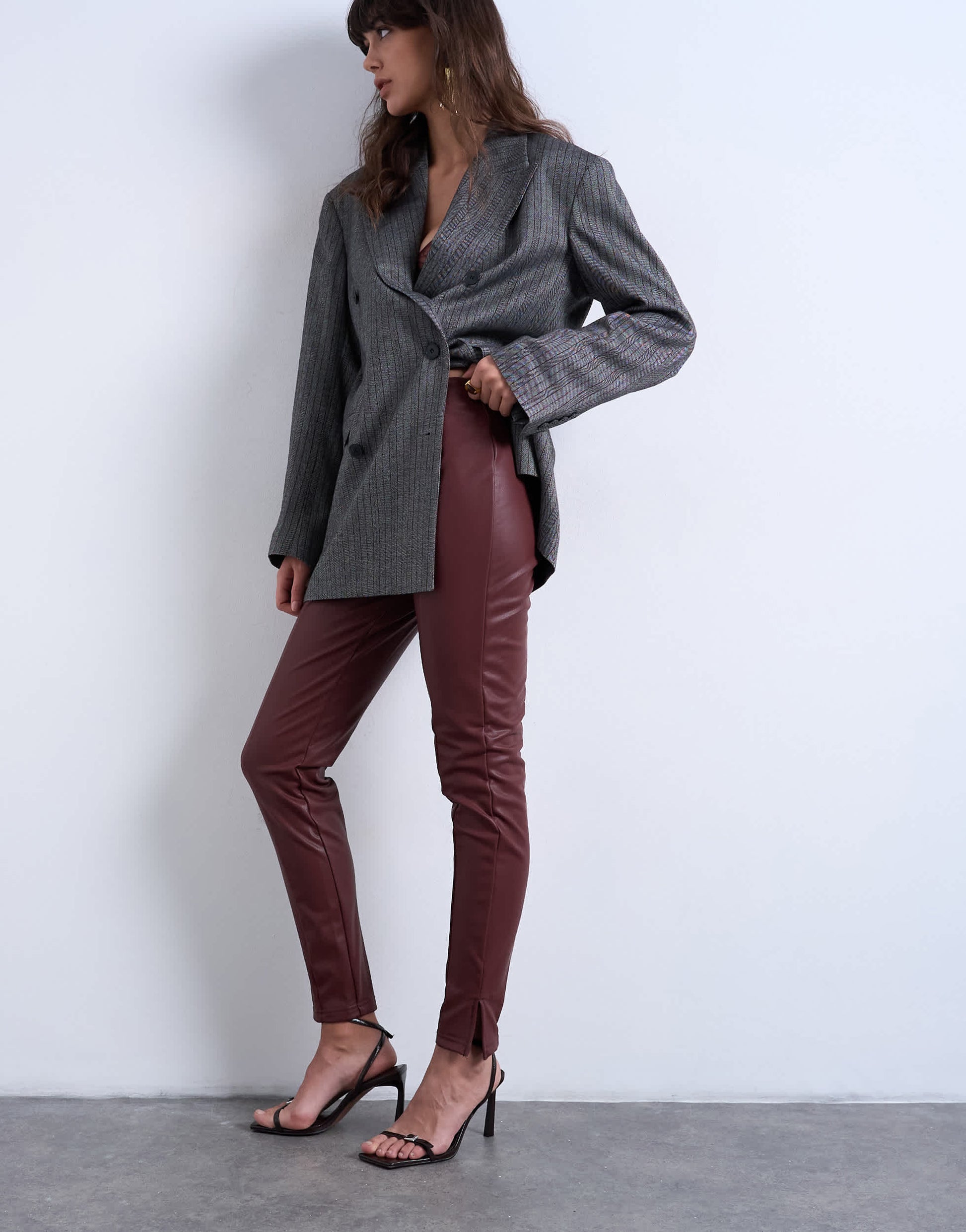 Topshop faux leather drain pipe skinny trouser in burgundy