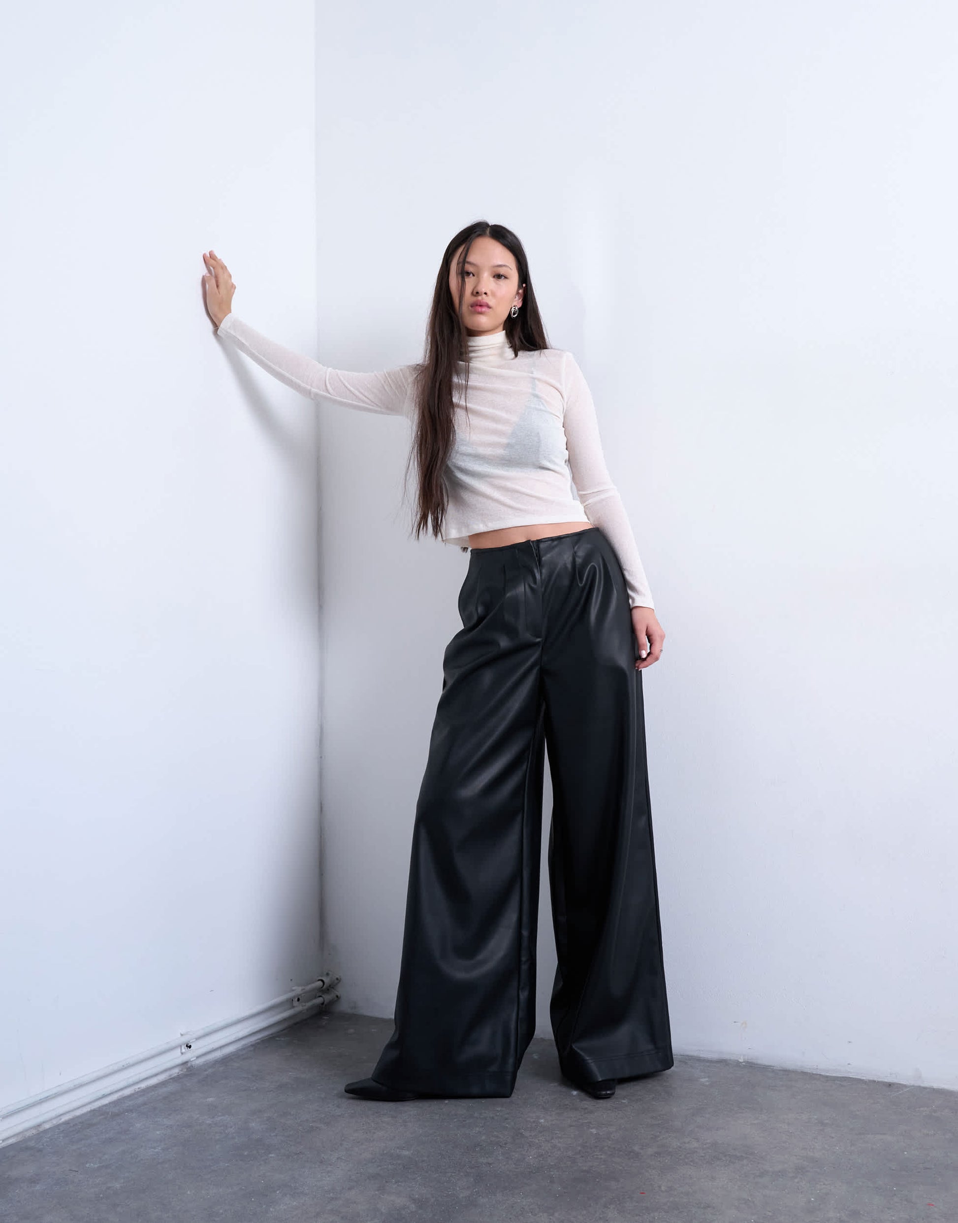Topshop faux leather super wide leg trouser in black
