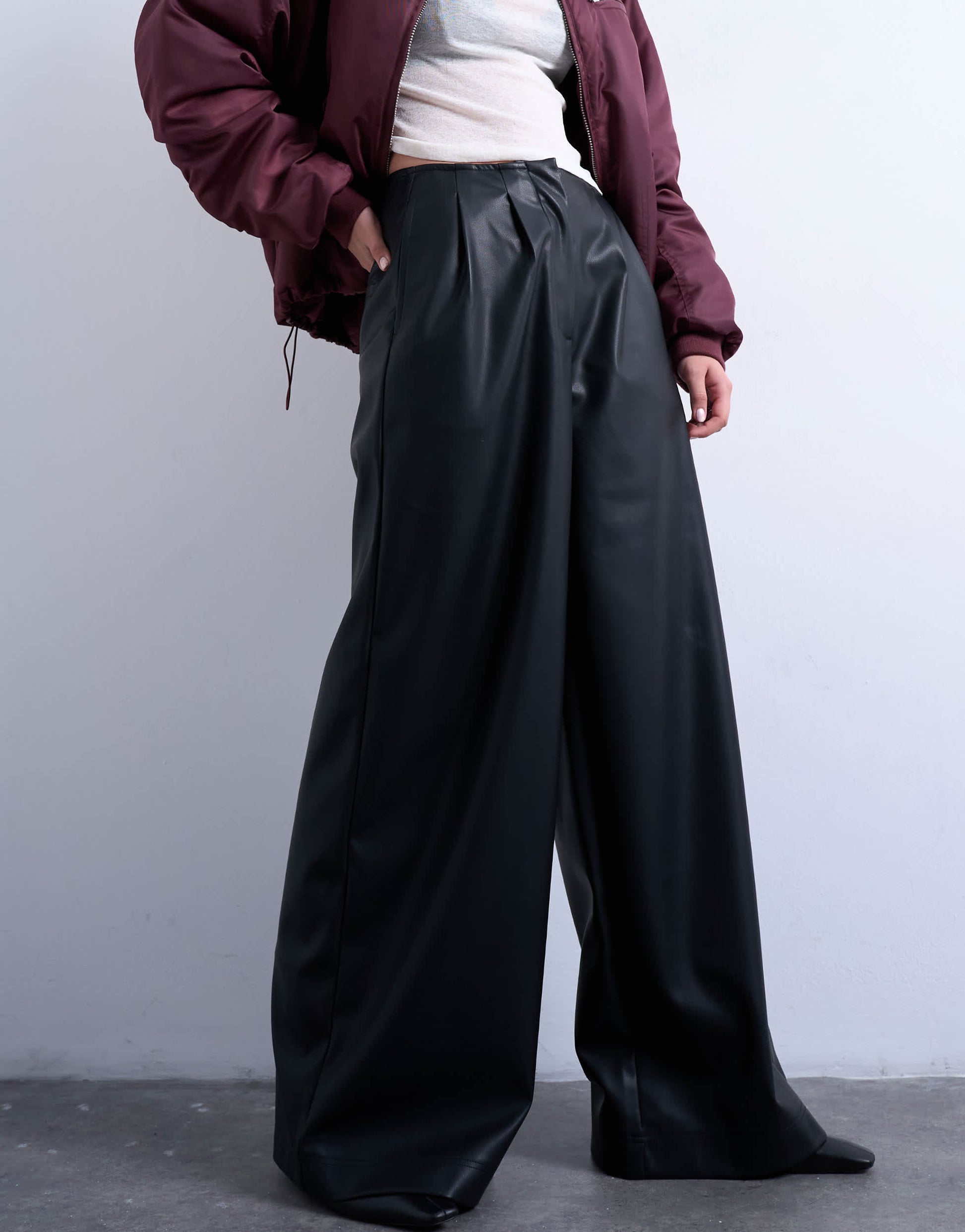 Topshop faux leather super wide leg trouser in black