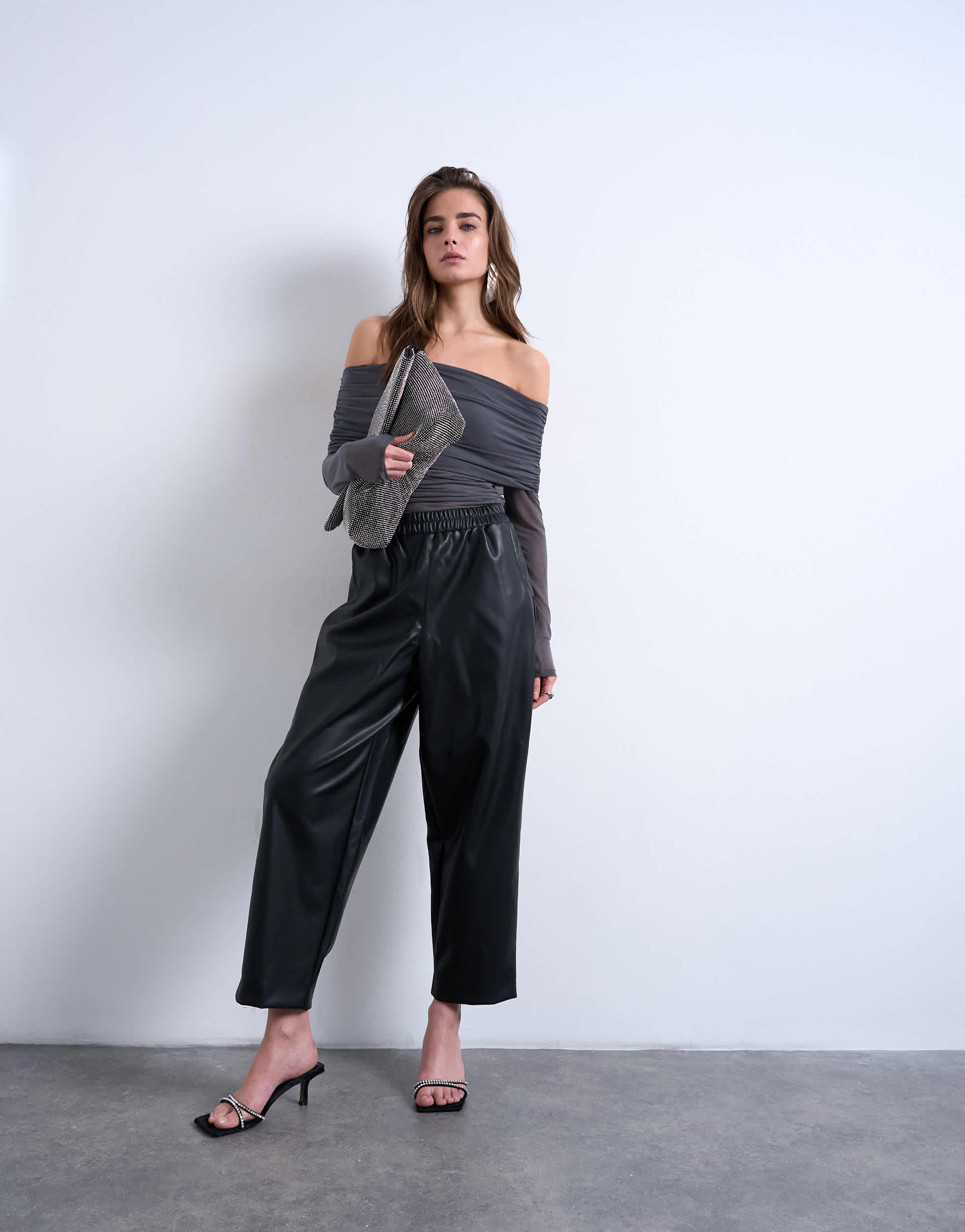 Topshop faux leather awkward length pull on trouser in black