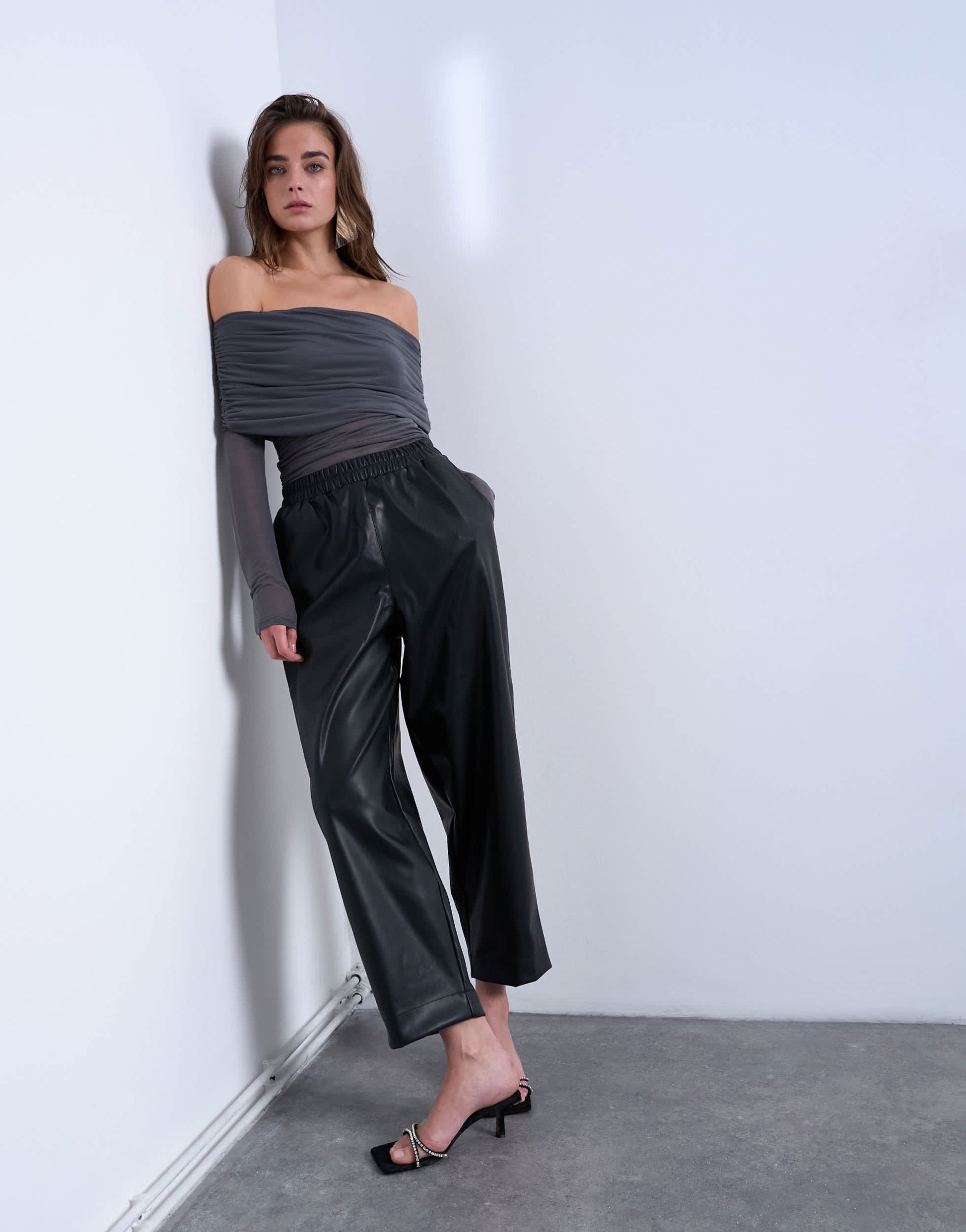 Topshop faux leather awkward length pull on trouser in black