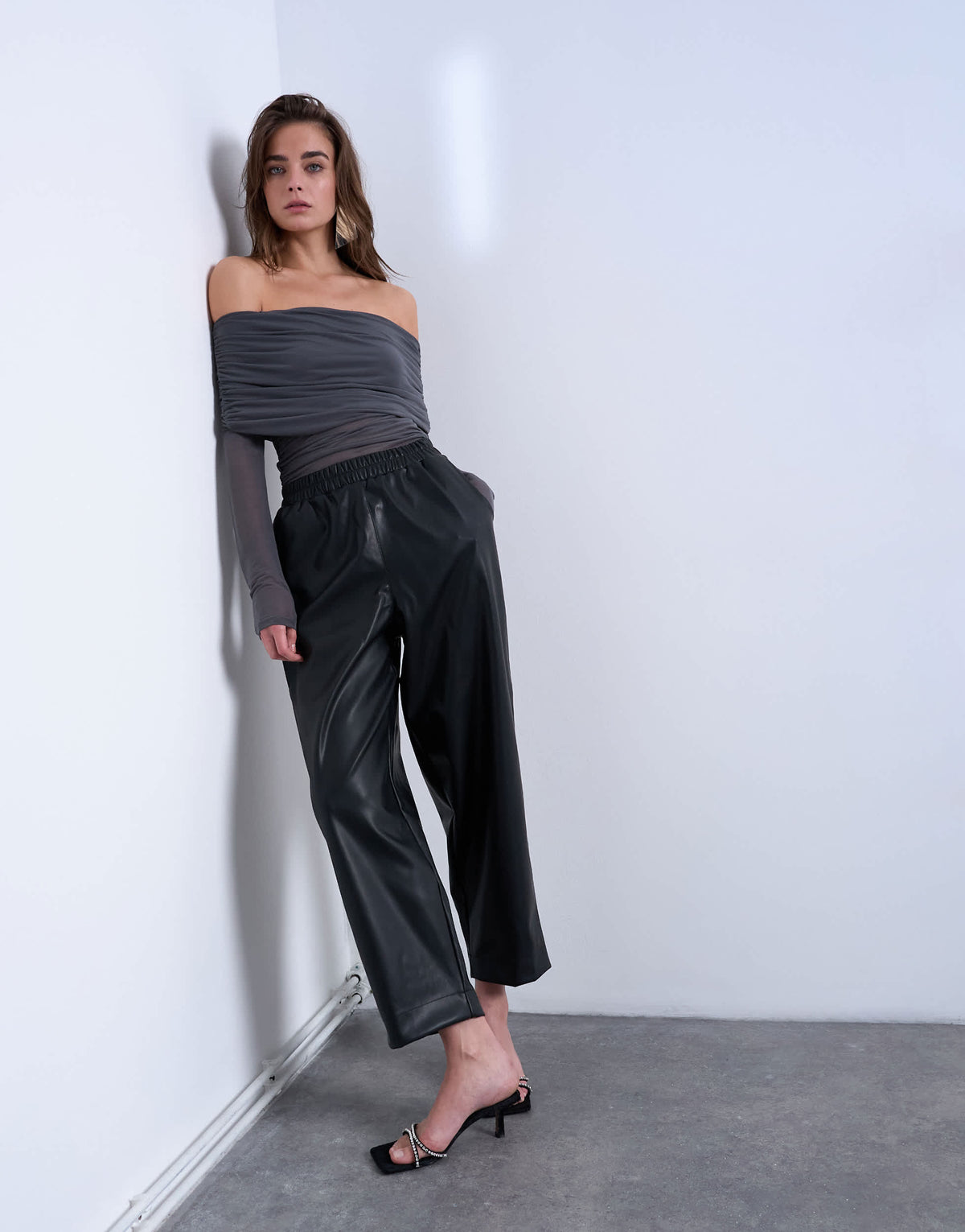 Topshop faux leather awkward length pull on trouser in black