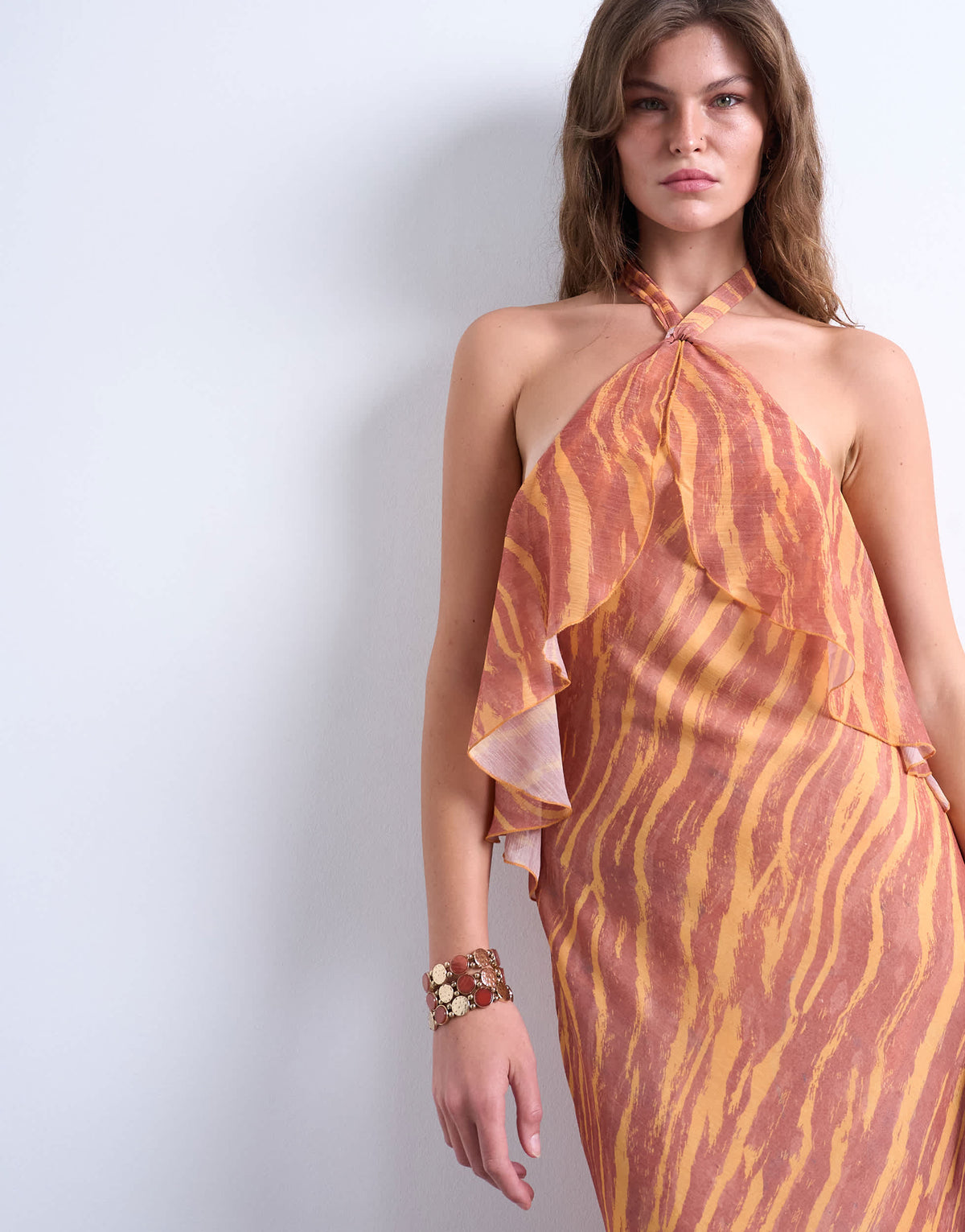 Topshop halter layer chiffon dress in pink and cream print