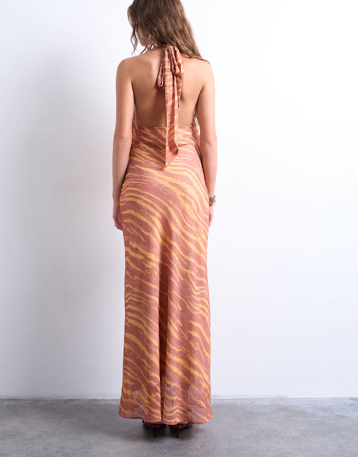 Topshop halter layer chiffon dress in pink and cream print