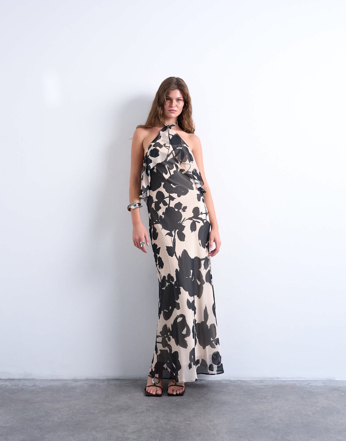 Topshop halter layer chiffon dress in black and white floral