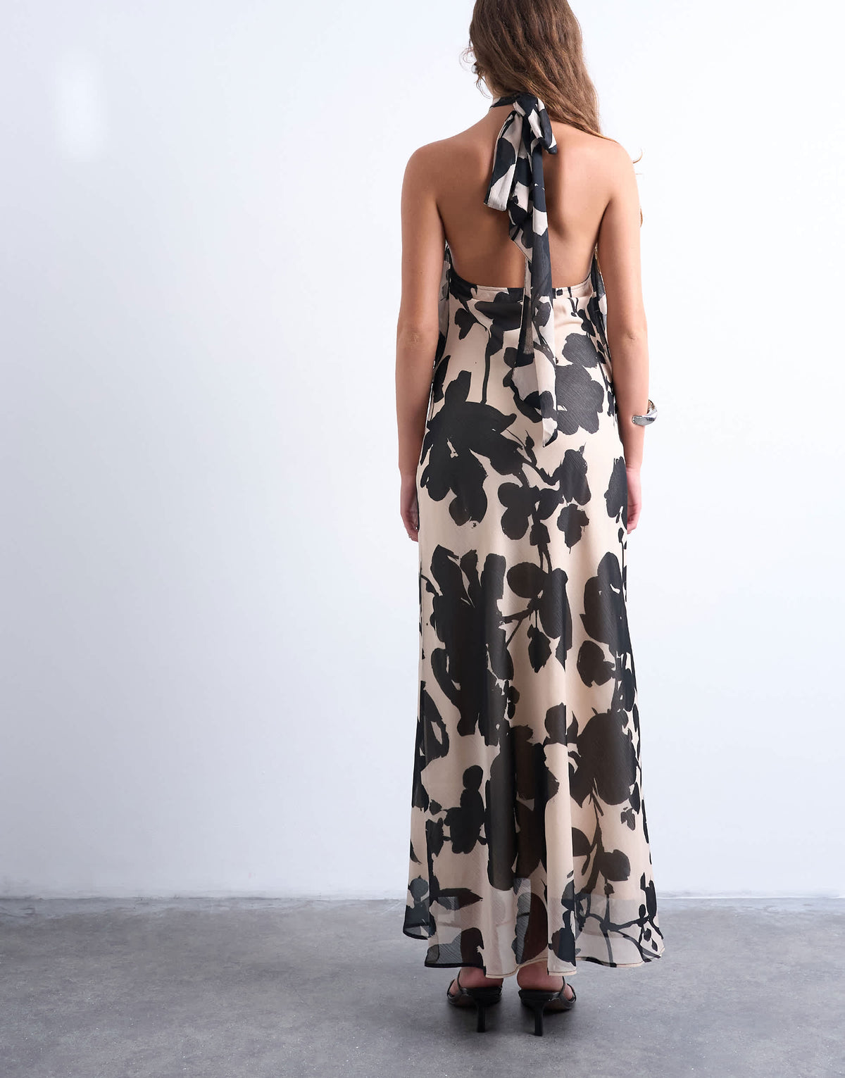 Topshop halter layer chiffon dress in black and white floral