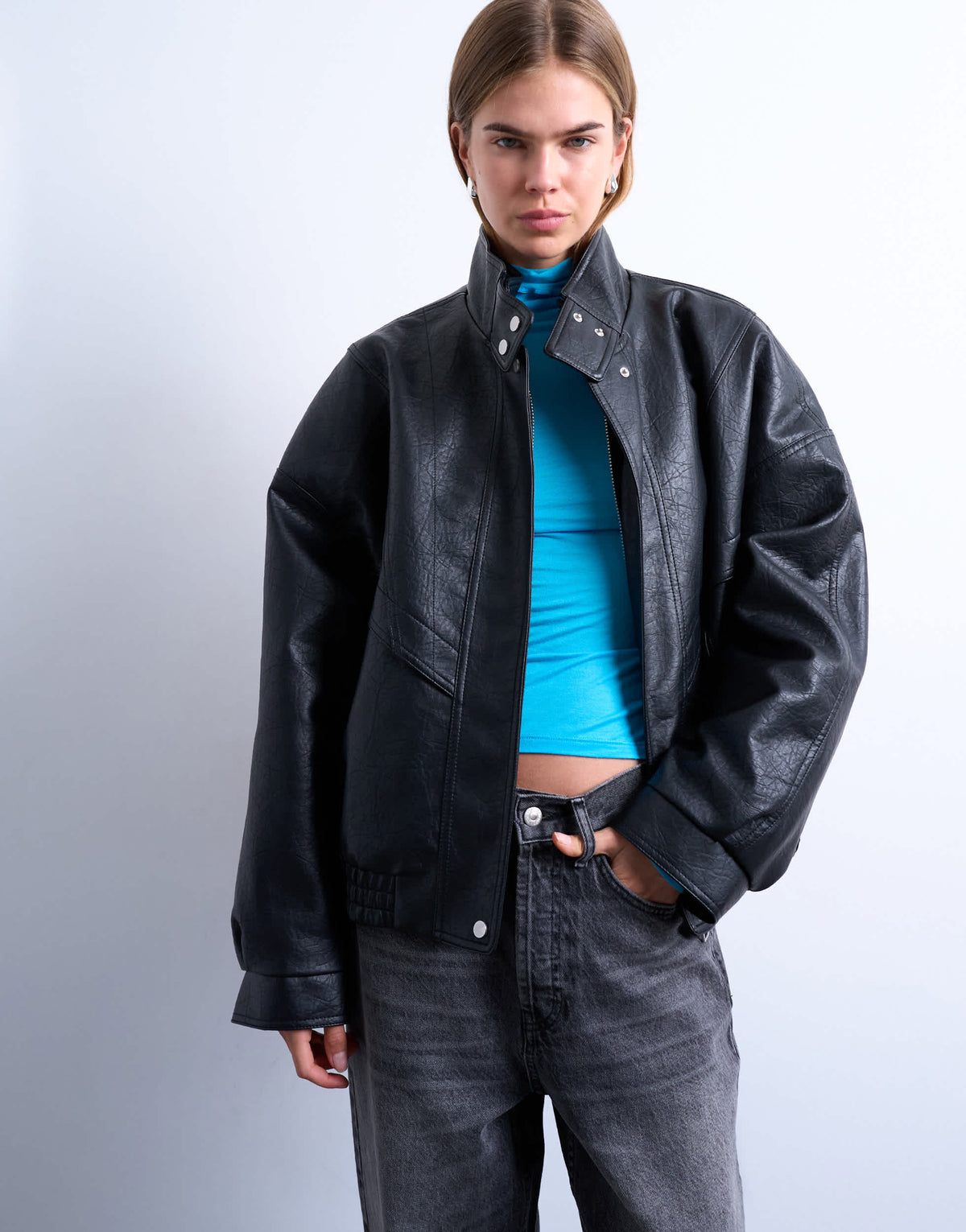 Topshop double fronted funnel seam detail bomber in black