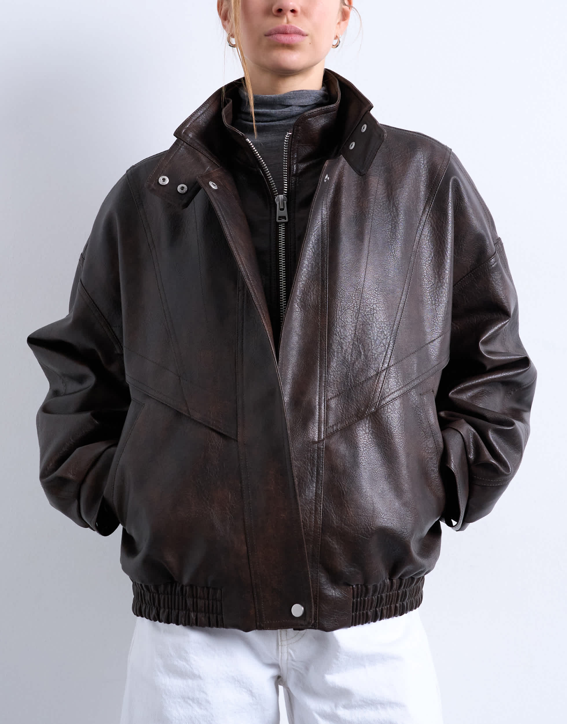 Topshop double fronted seam detail bomber in brown