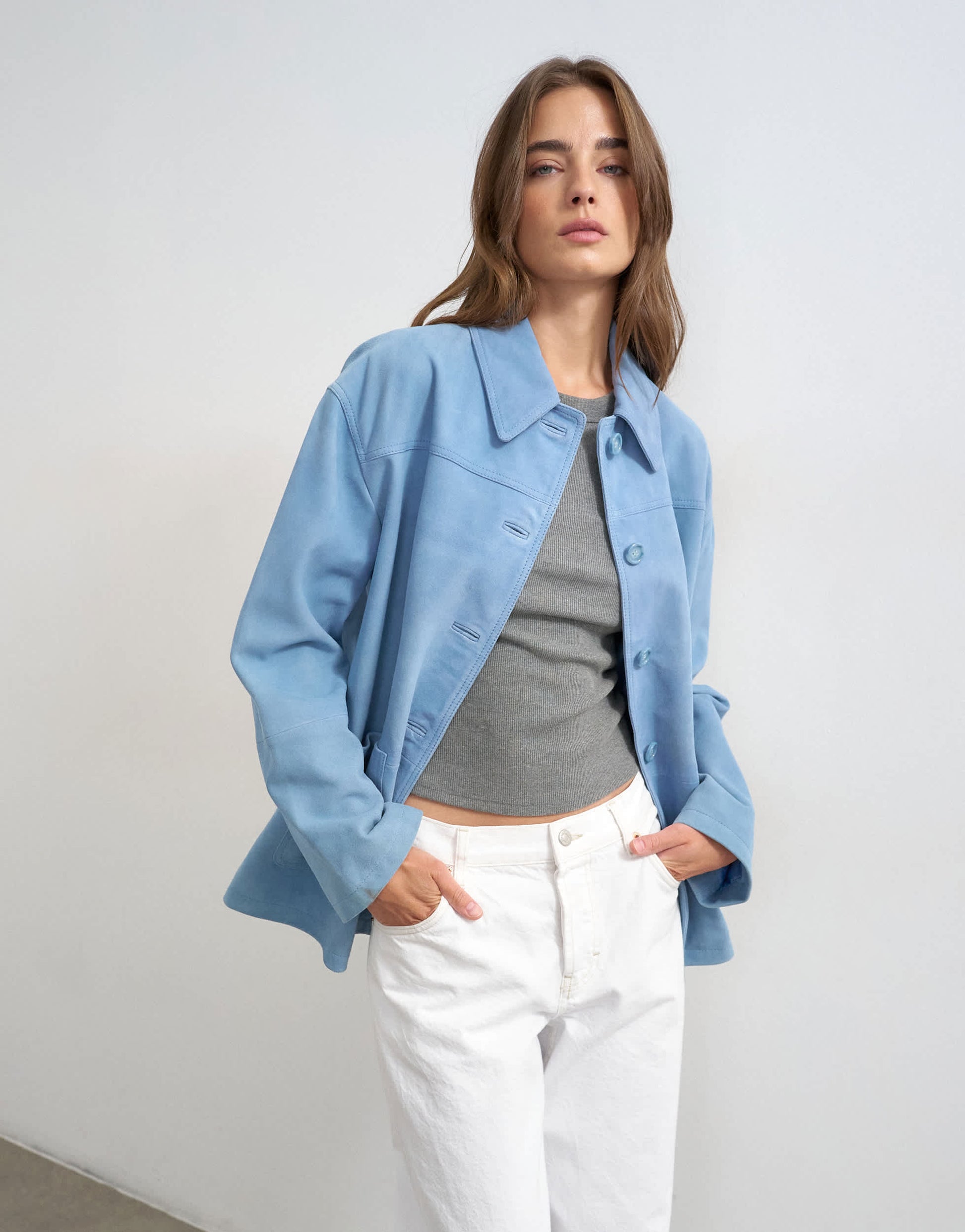 Topshop premium suede jacket in blue