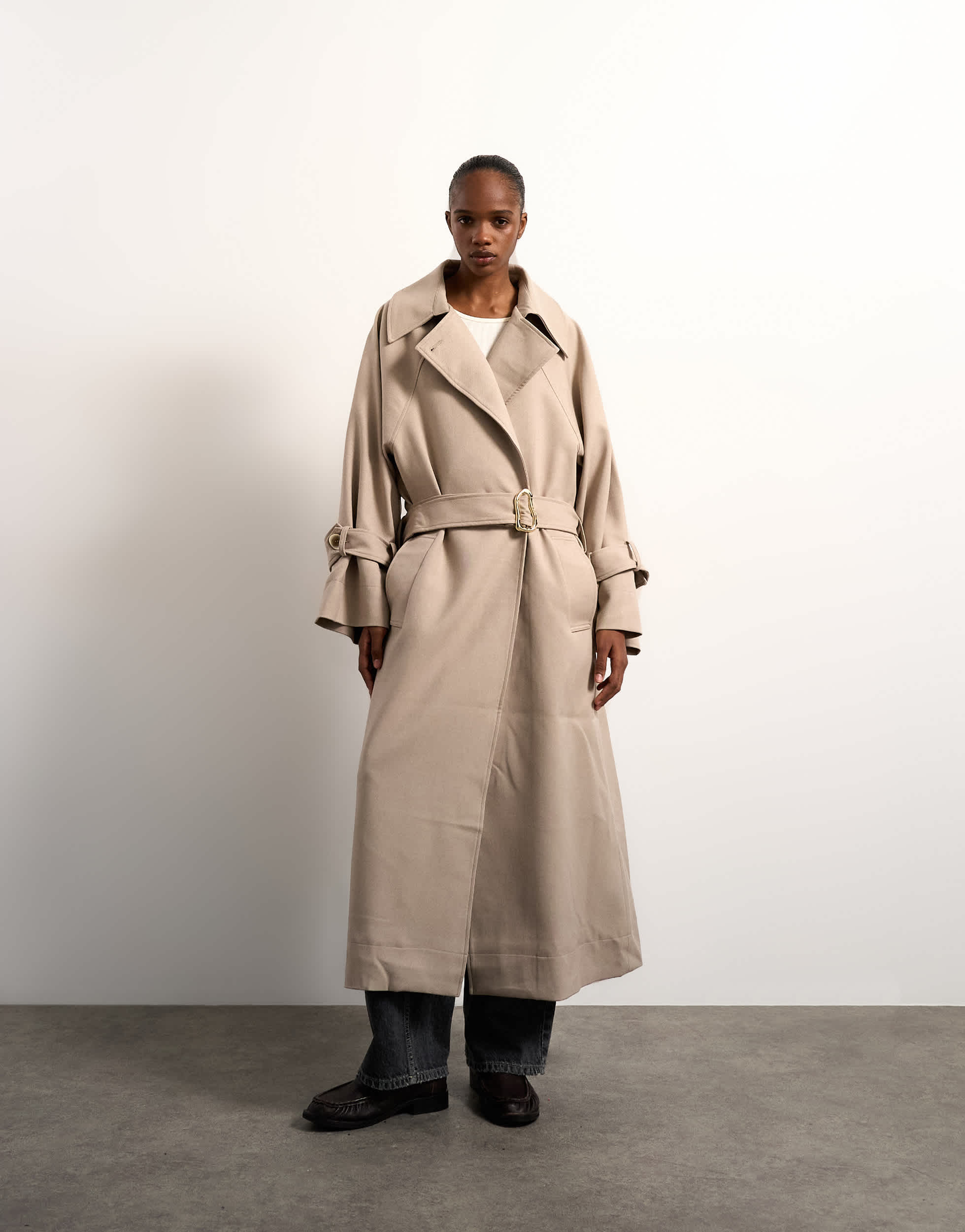 Topshop oversized clean tailored Trench with dropped armhole in stone