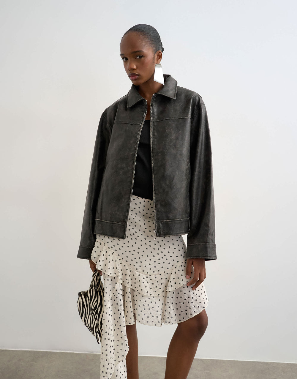 Topshop PU-Jacke mit Reißverschluss in verwaschenem Schwarz