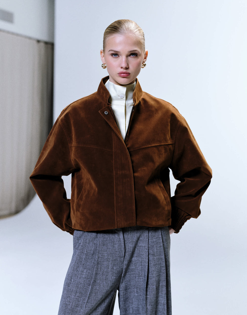 Topshop faux suede bomber jacket with funnel collar in tan