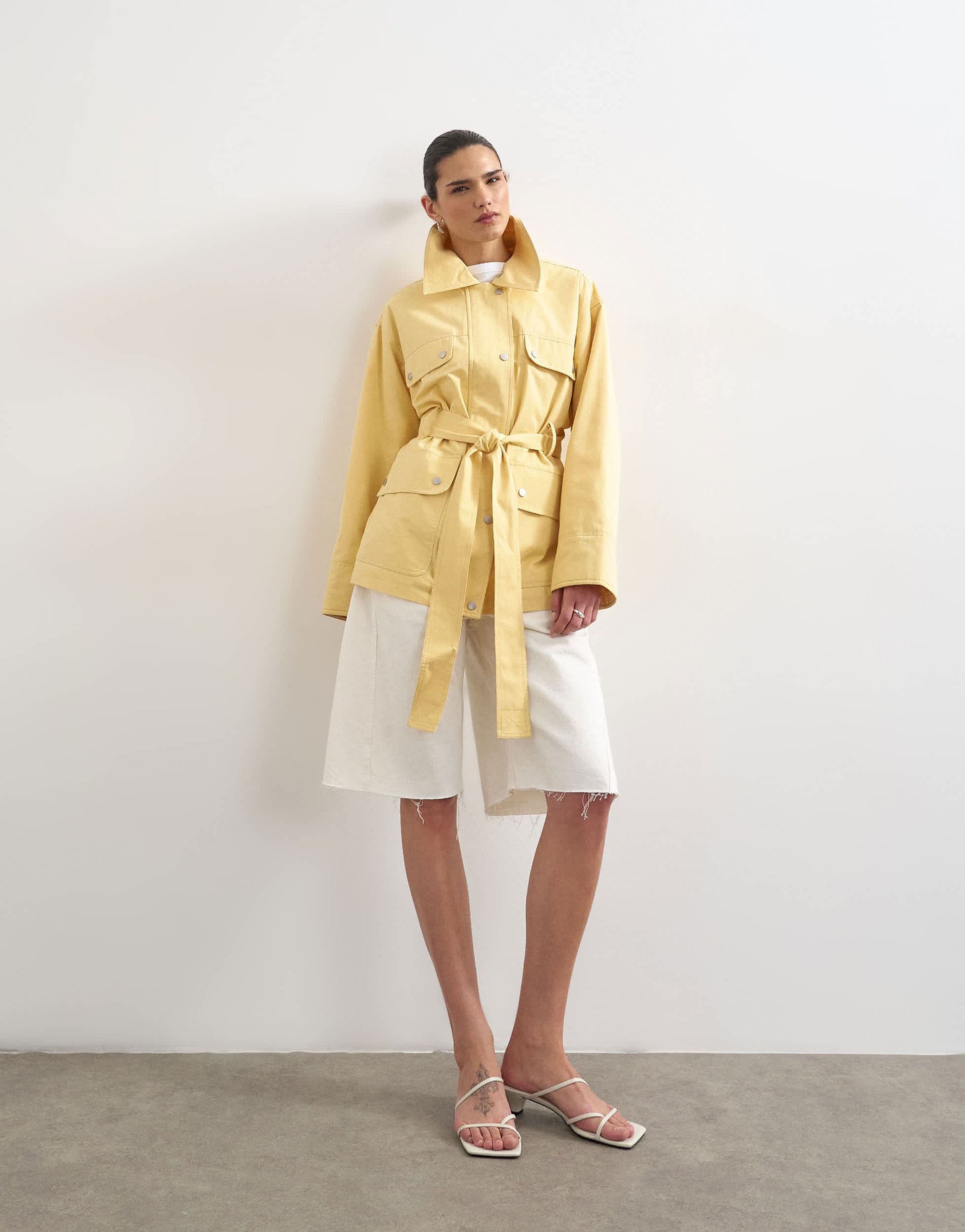 Topshop 4 pocket cotton shacket with quilted lining in butter yellow