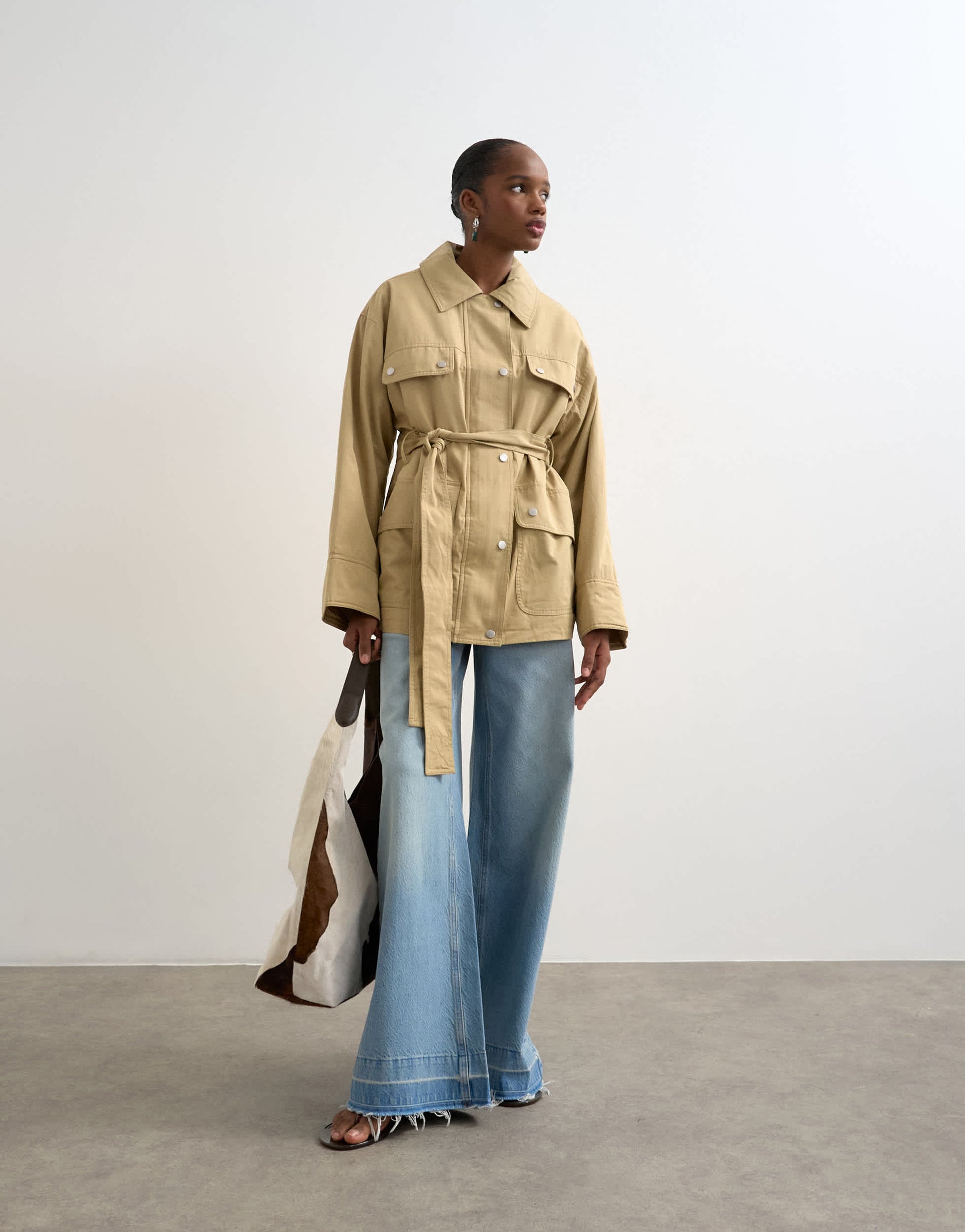 Topshop 4 pocket cotton shacket with quilted lining in beige