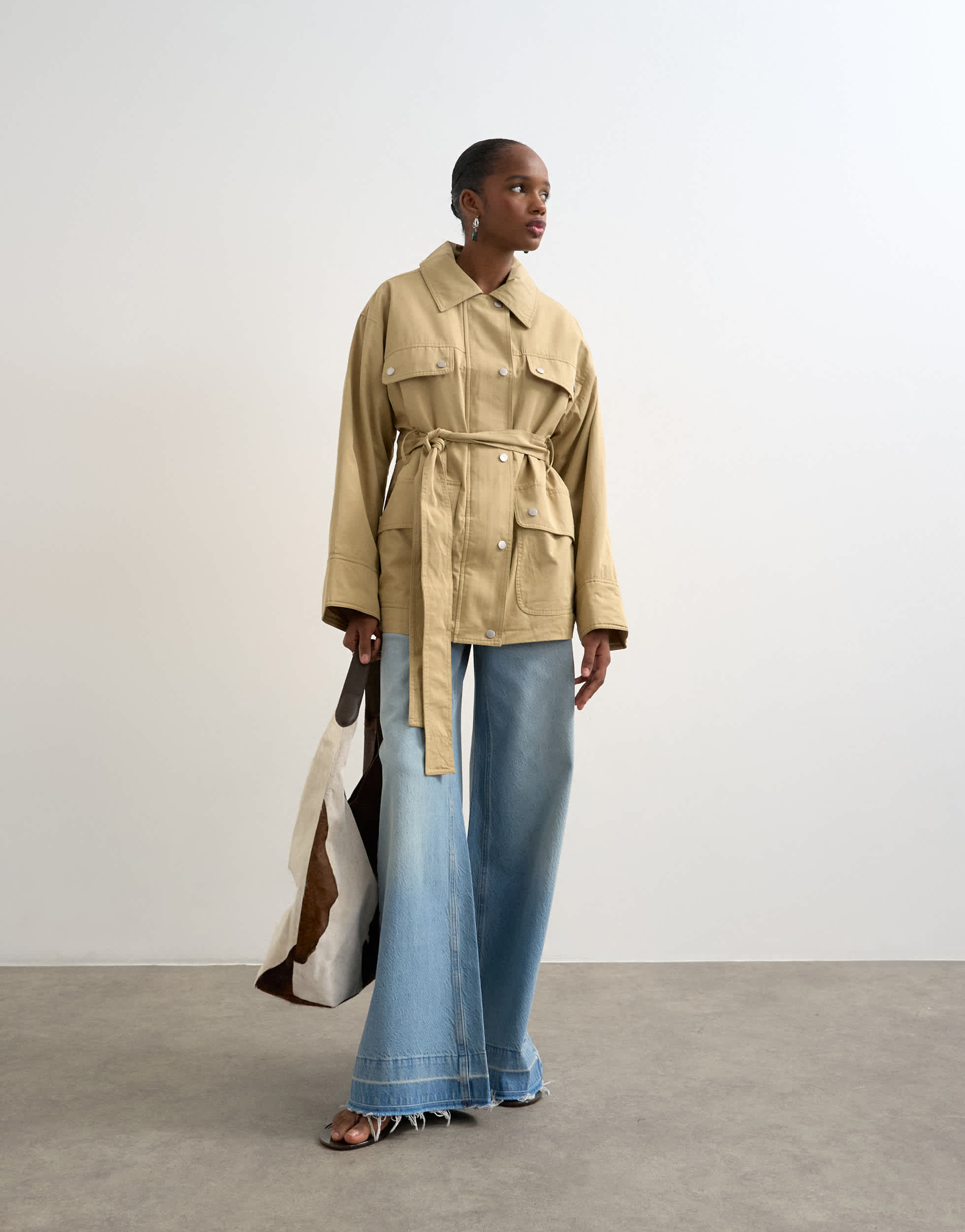 Topshop 4 pocket cotton shacket with quilted lining in beige
