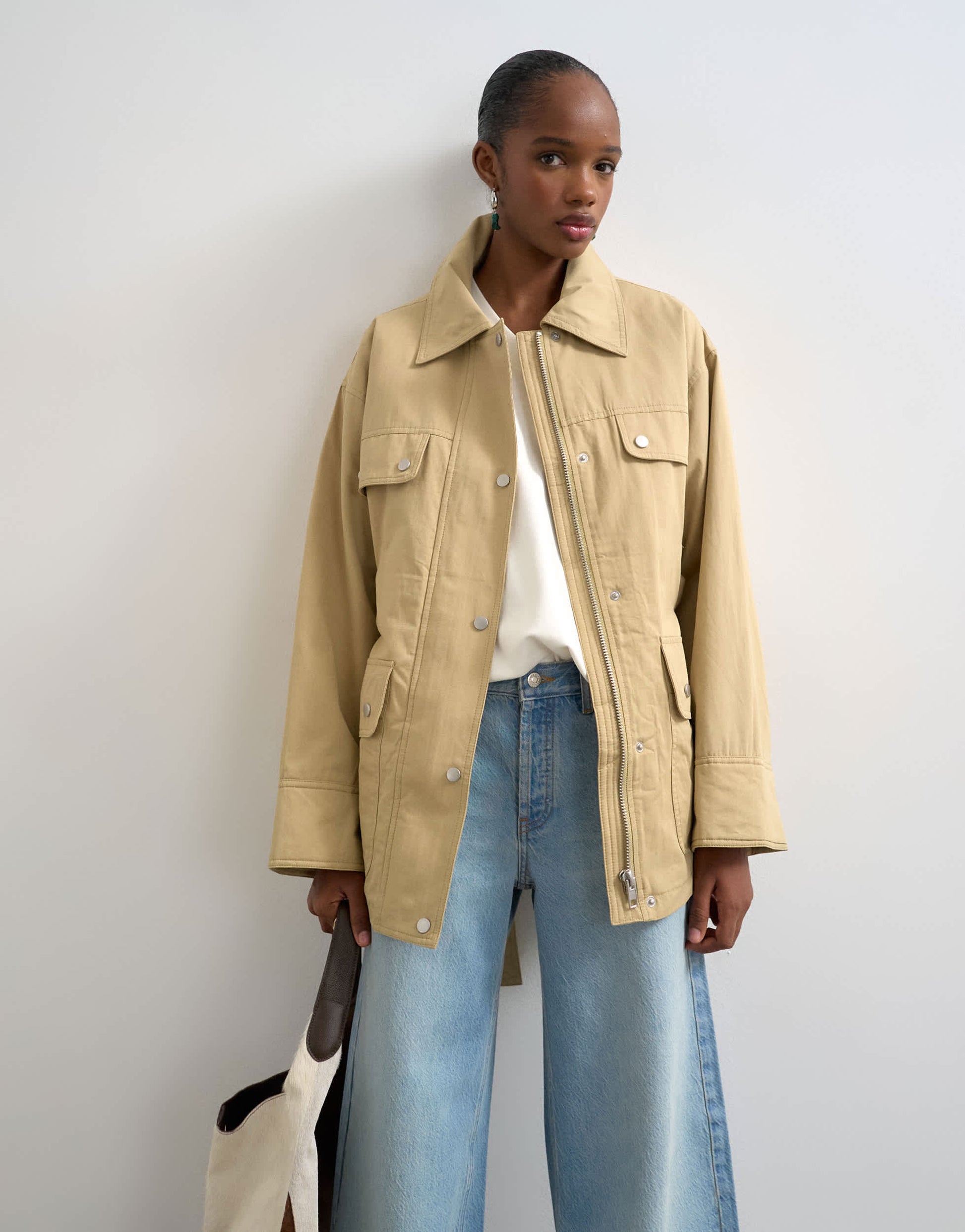 Topshop 4 pocket cotton shacket with quilted lining in beige