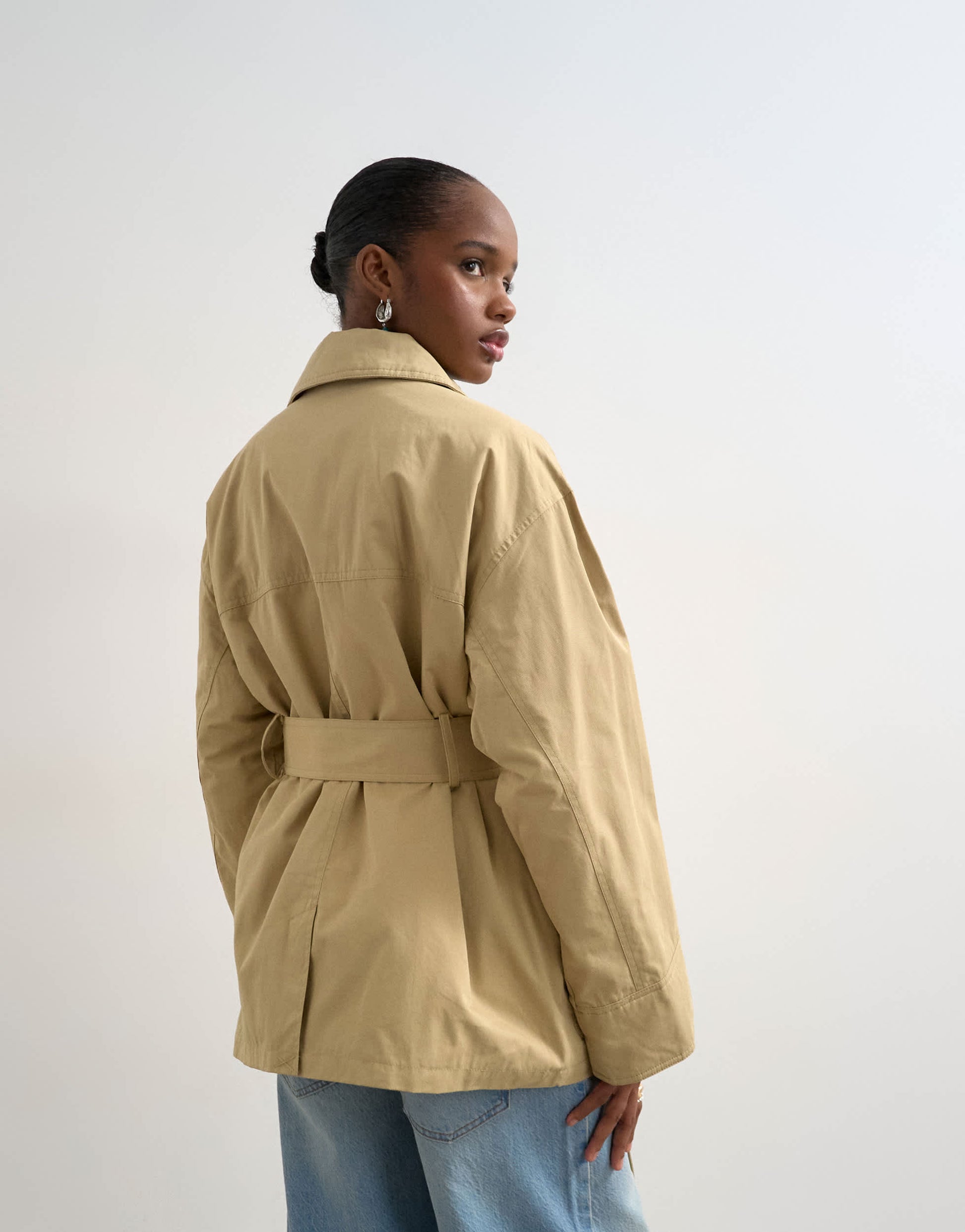 Topshop 4 pocket cotton shacket with quilted lining in beige