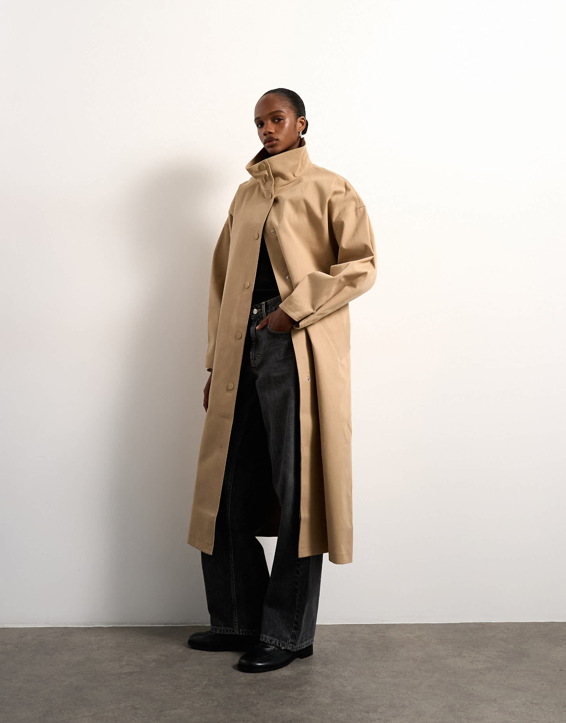 Topshop oversized clean funnel neck trench coat in beige