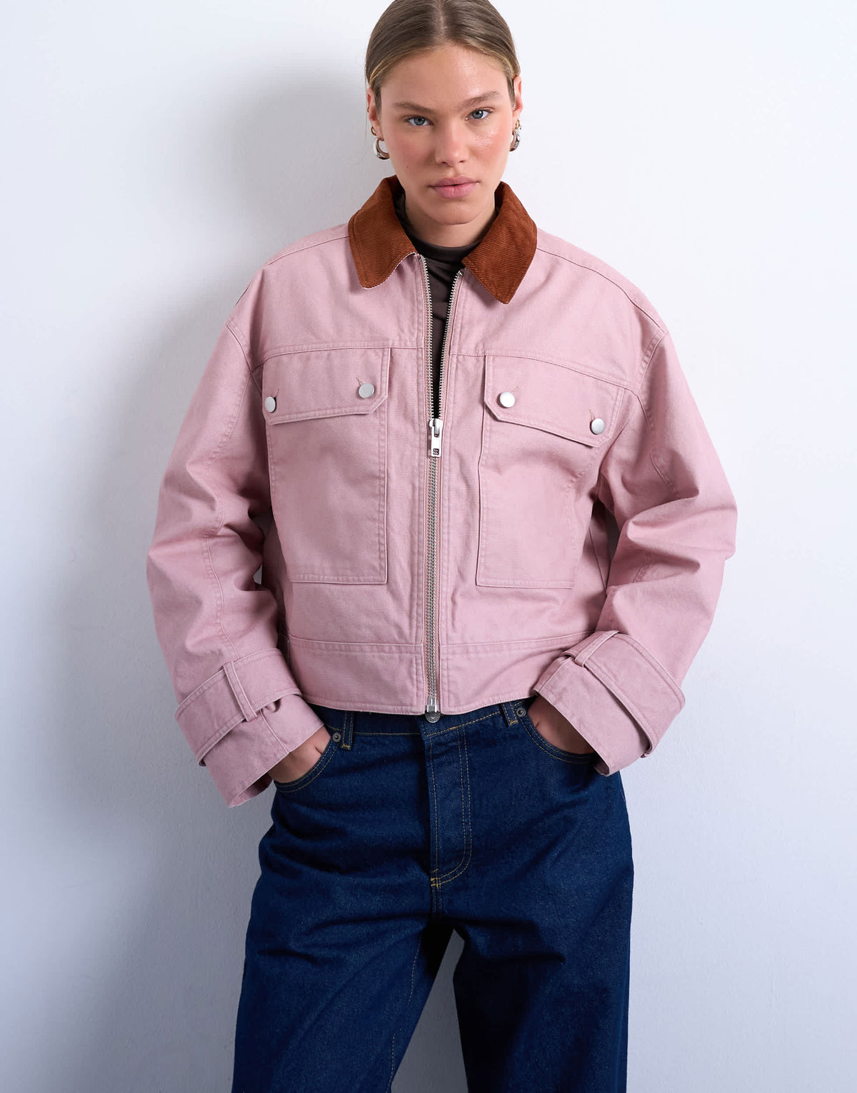 Topshop patch pocket barn jacket with contrast collar in pink