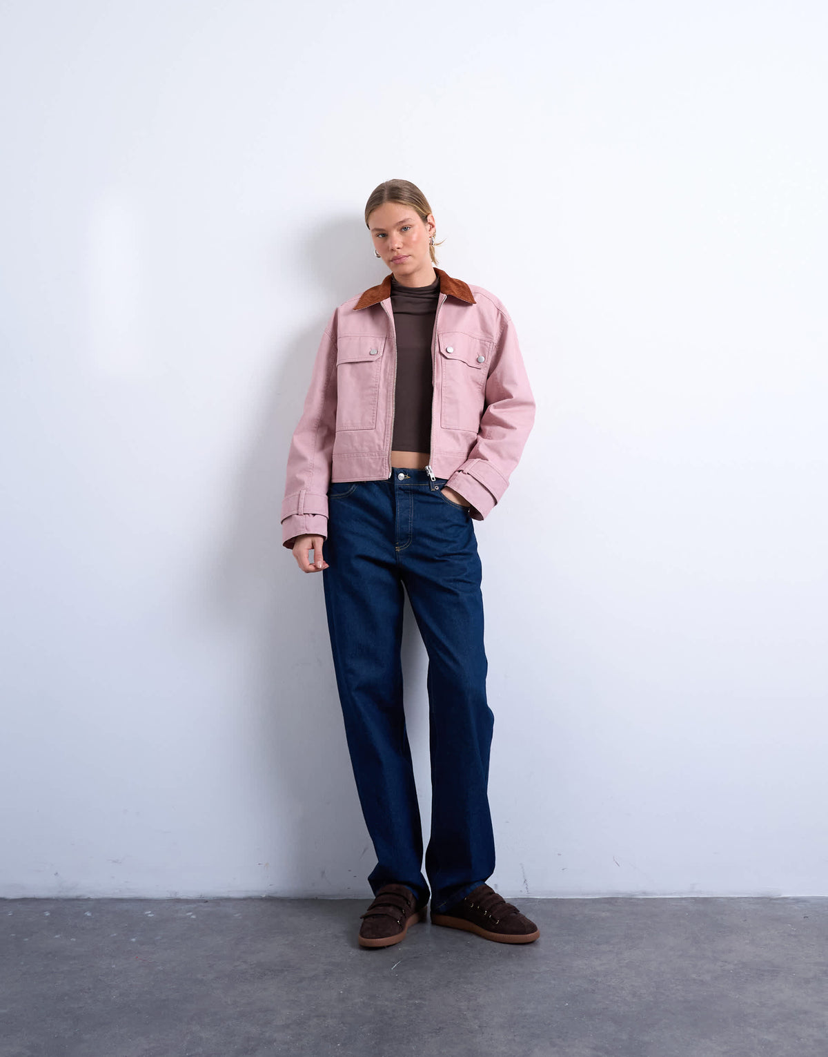 Topshop patch pocket barn jacket with contrast collar in pink