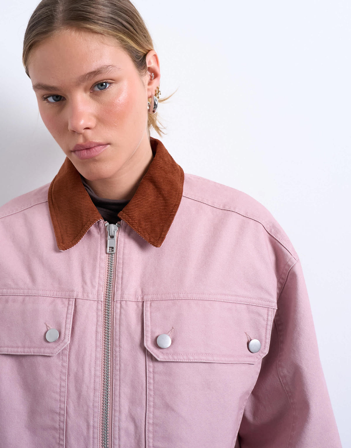 Topshop patch pocket barn jacket with contrast collar in pink