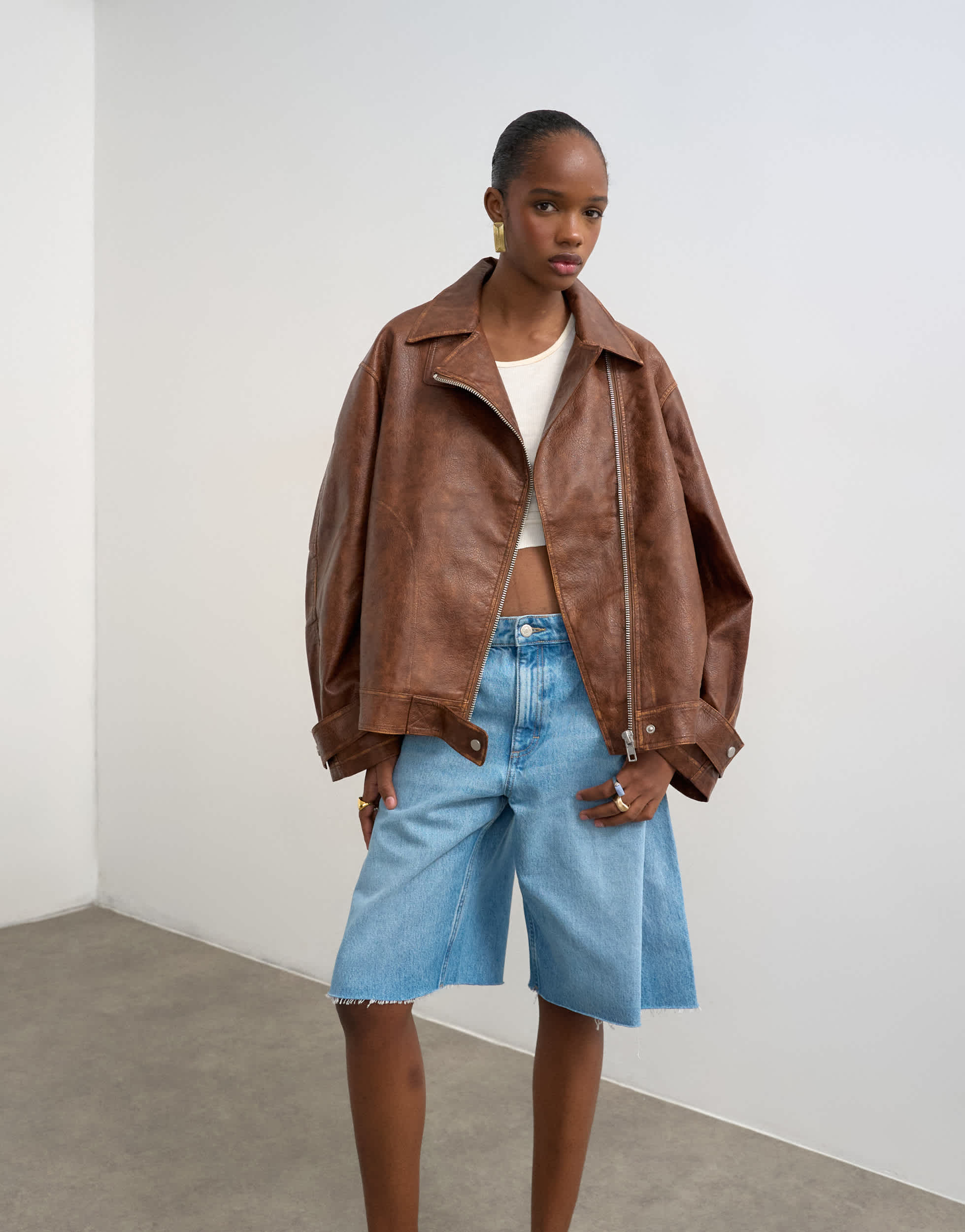 Topshop faux leather funnel neck biker jacket in washed brown