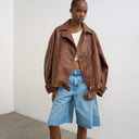 Topshop faux leather funnel neck biker jacket in washed brown