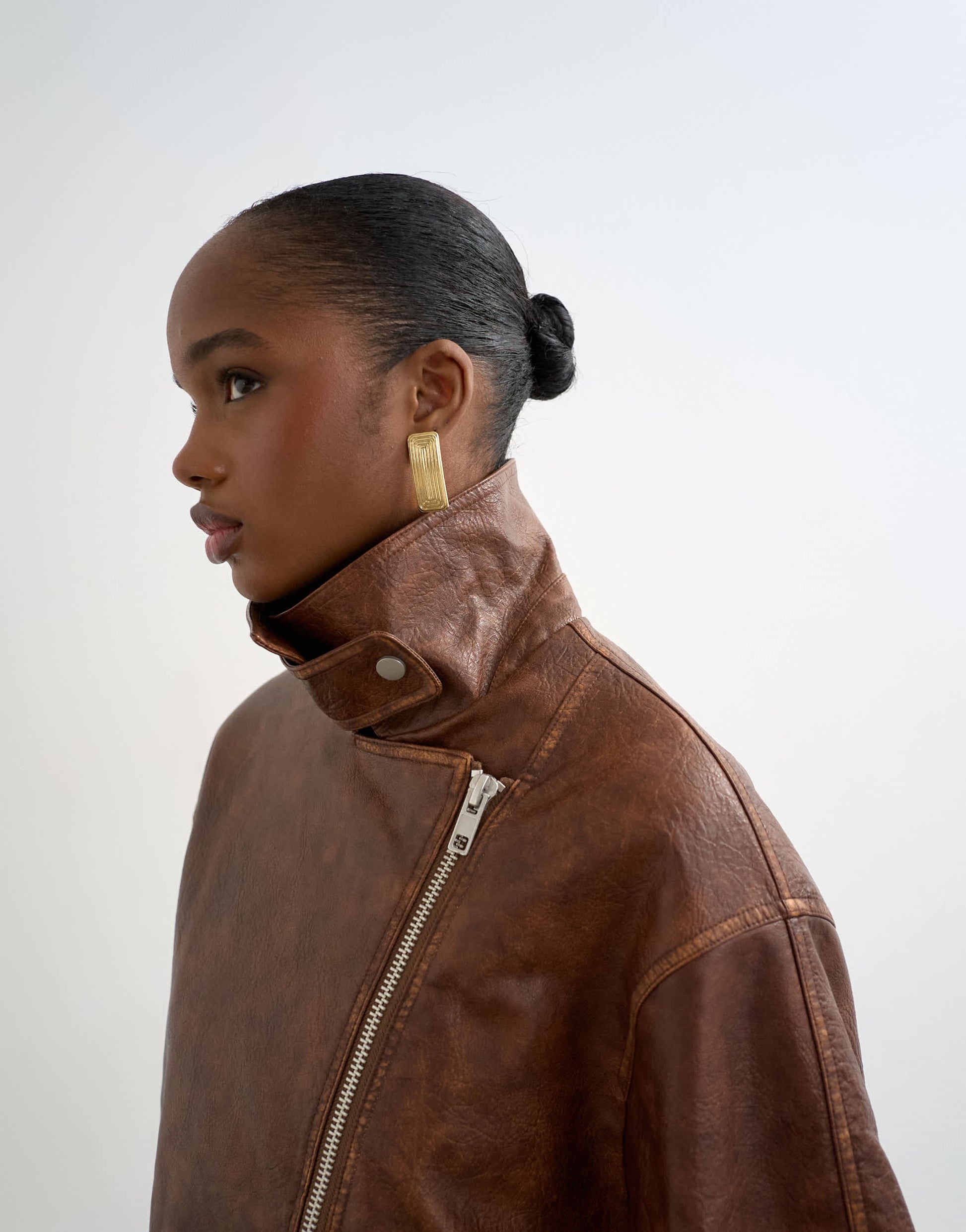 Topshop faux leather funnel neck biker jacket in washed brown