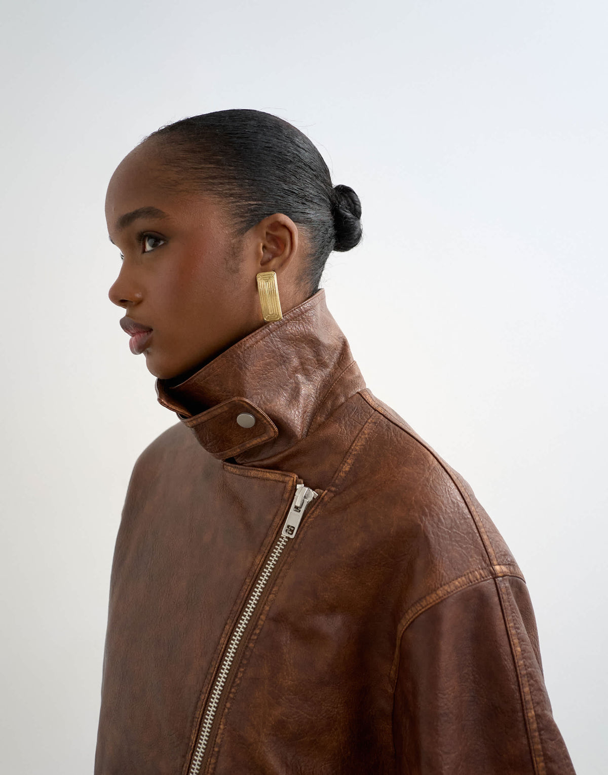 Topshop faux leather funnel neck biker jacket in washed brown