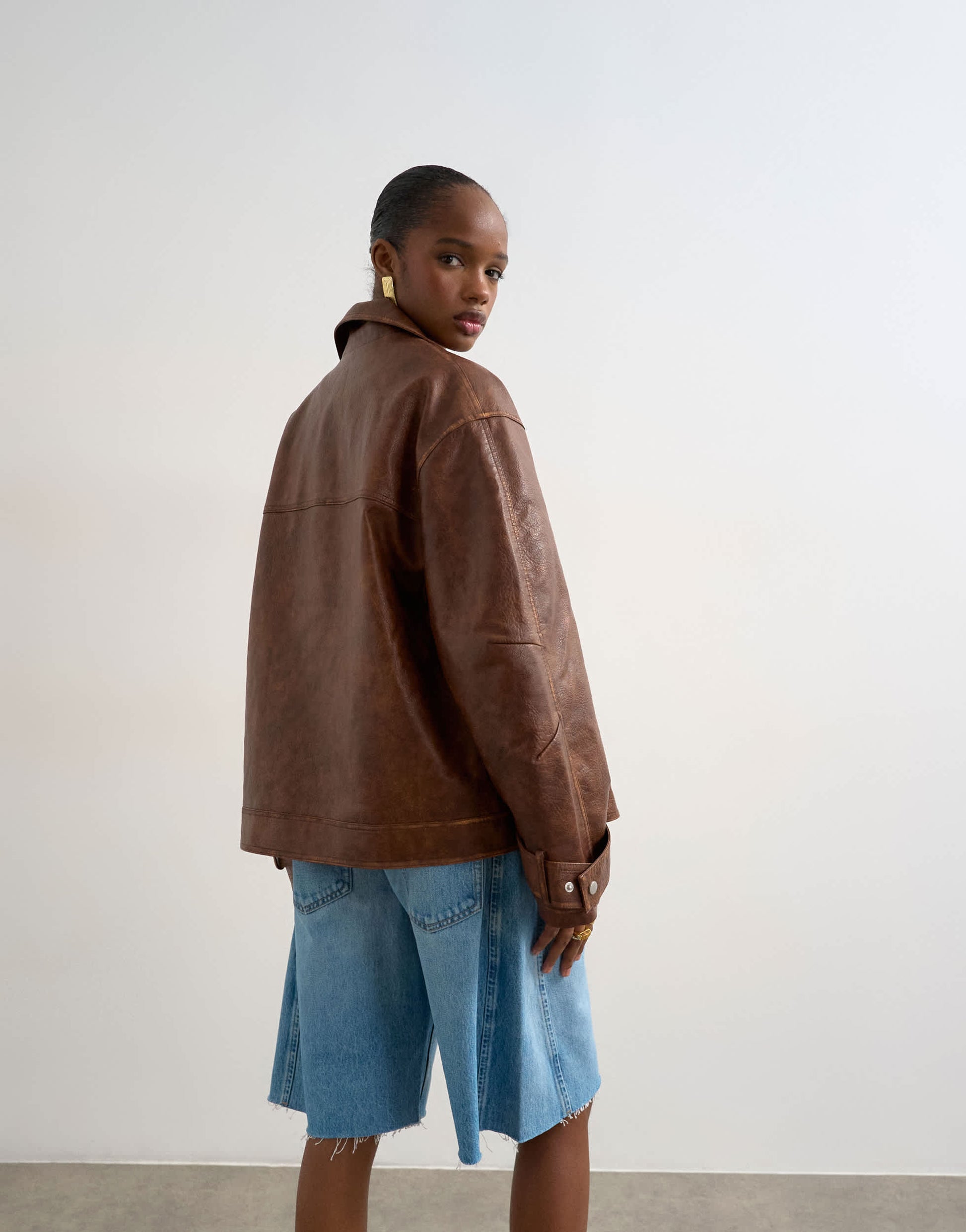 Topshop faux leather funnel neck biker jacket in washed brown