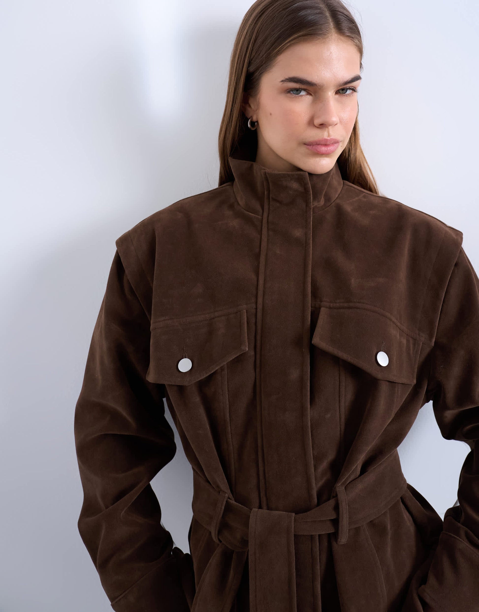 Topshop faux suede low belted funnel neck jacket in brown