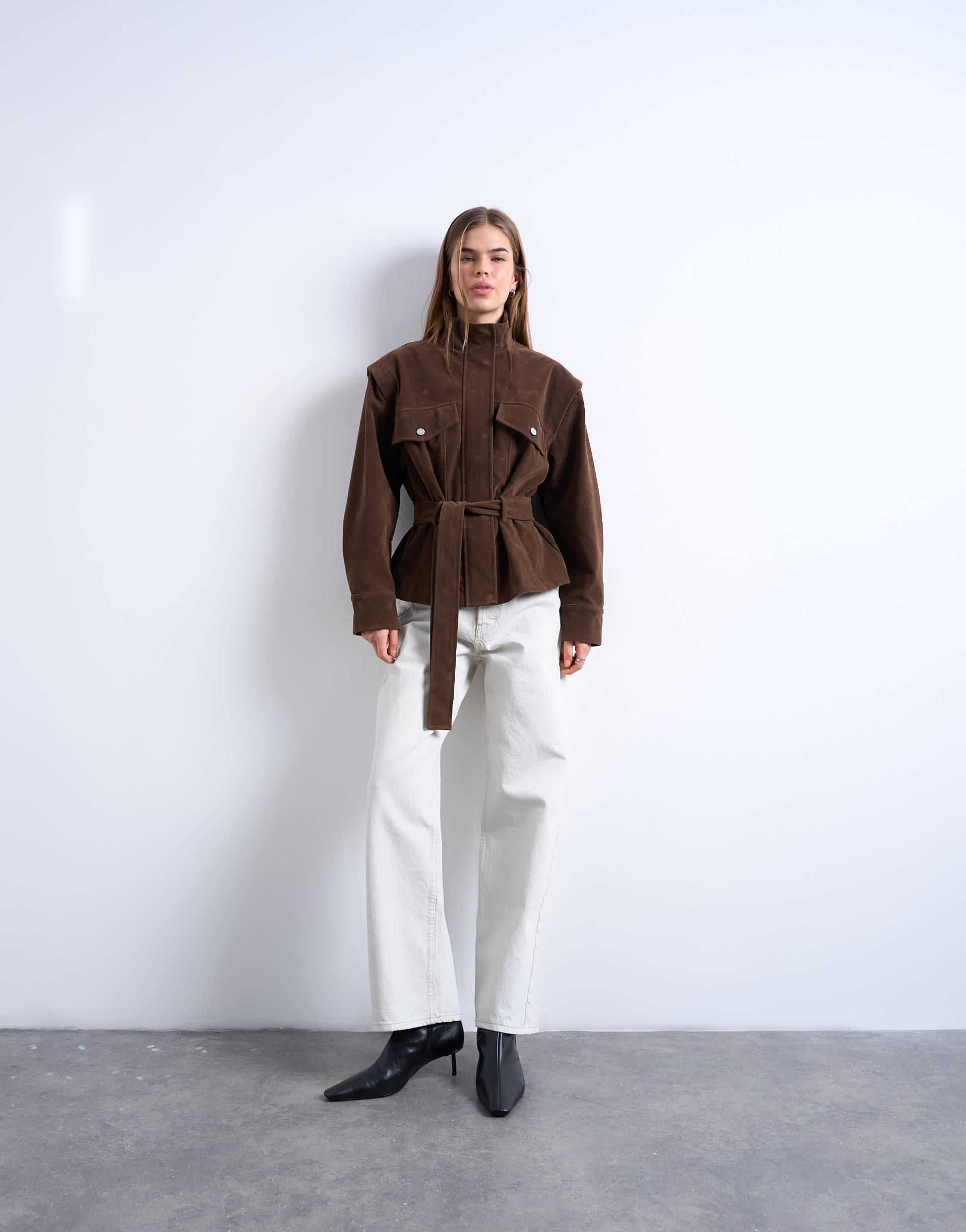Topshop faux suede low belted funnel neck jacket in brown