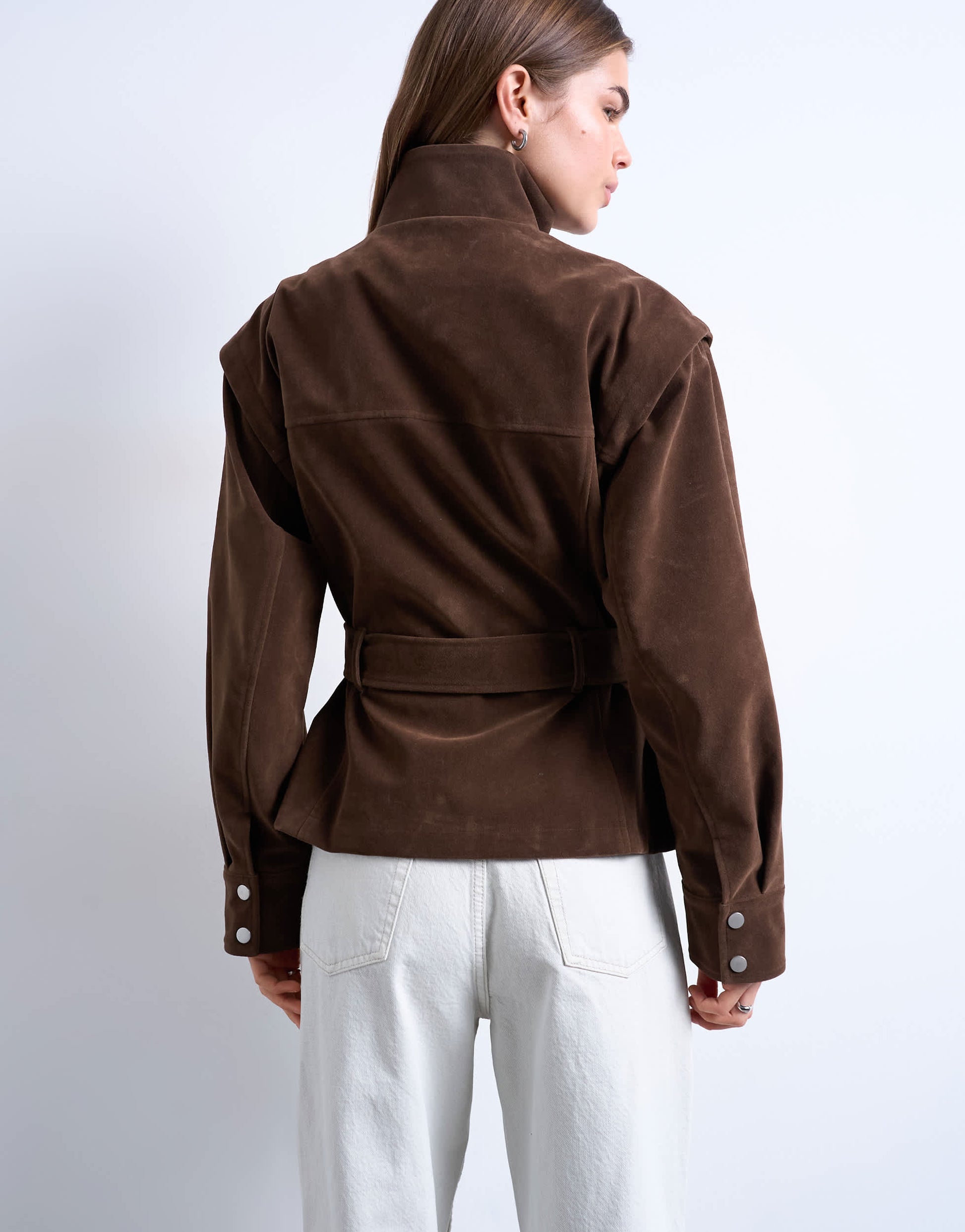 Topshop faux suede low belted funnel neck jacket in brown