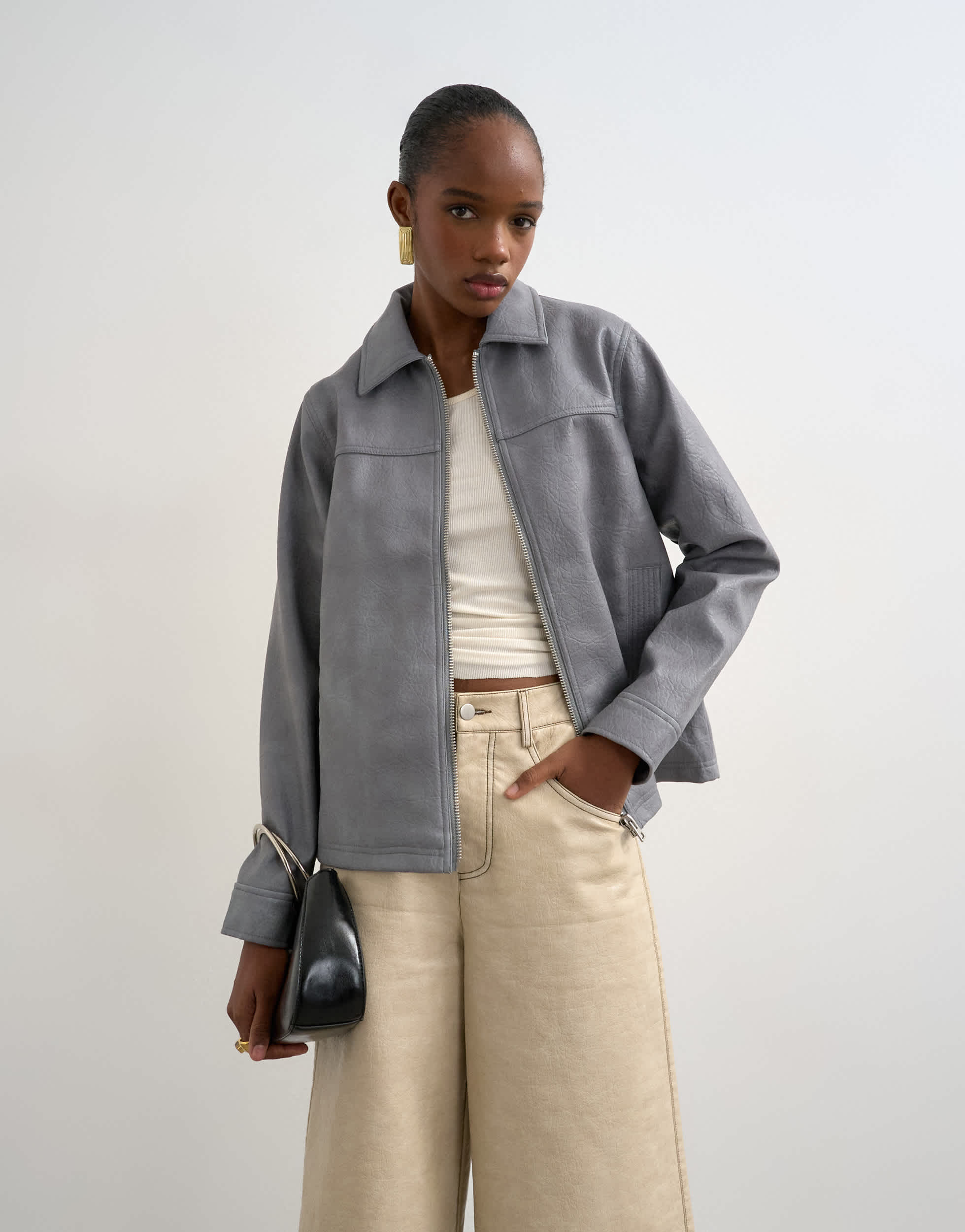 Topshop leather look CF zip jacket in washed grey