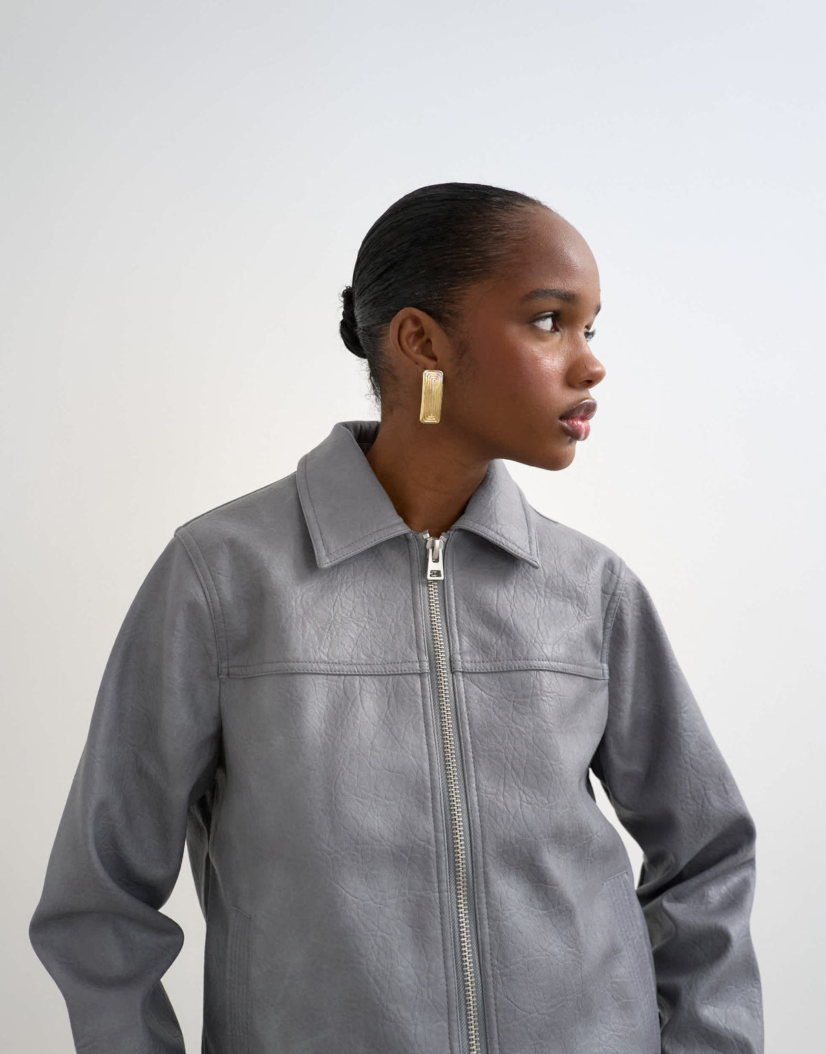 Topshop leather look CF zip jacket in washed grey
