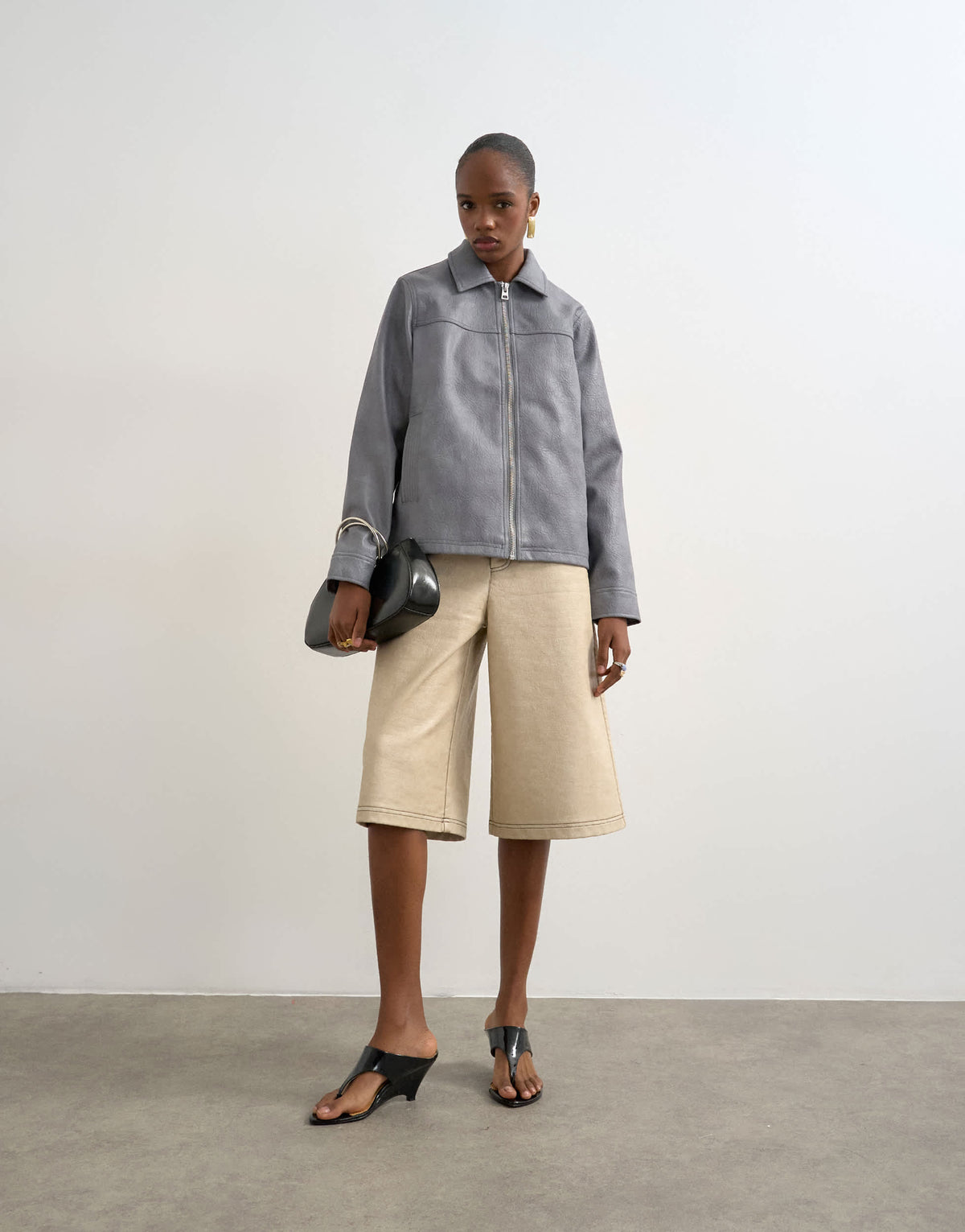 Topshop leather look CF zip jacket in washed grey