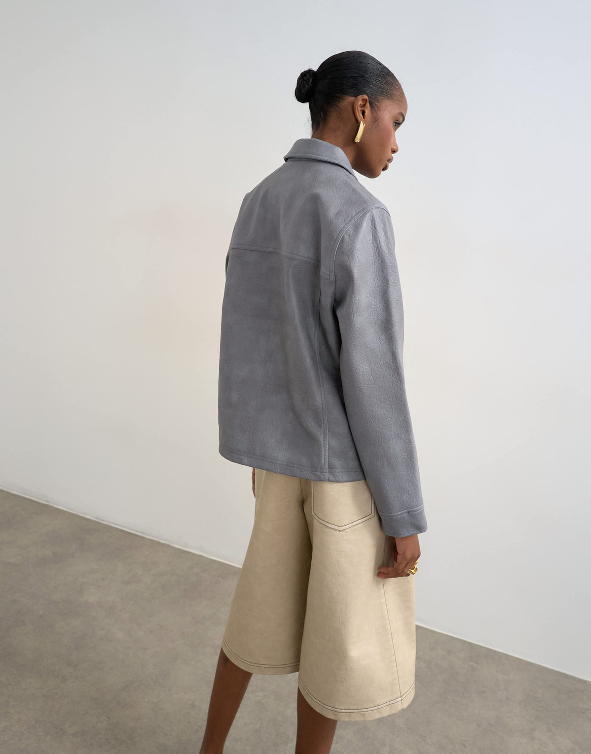 Topshop leather look CF zip jacket in washed grey