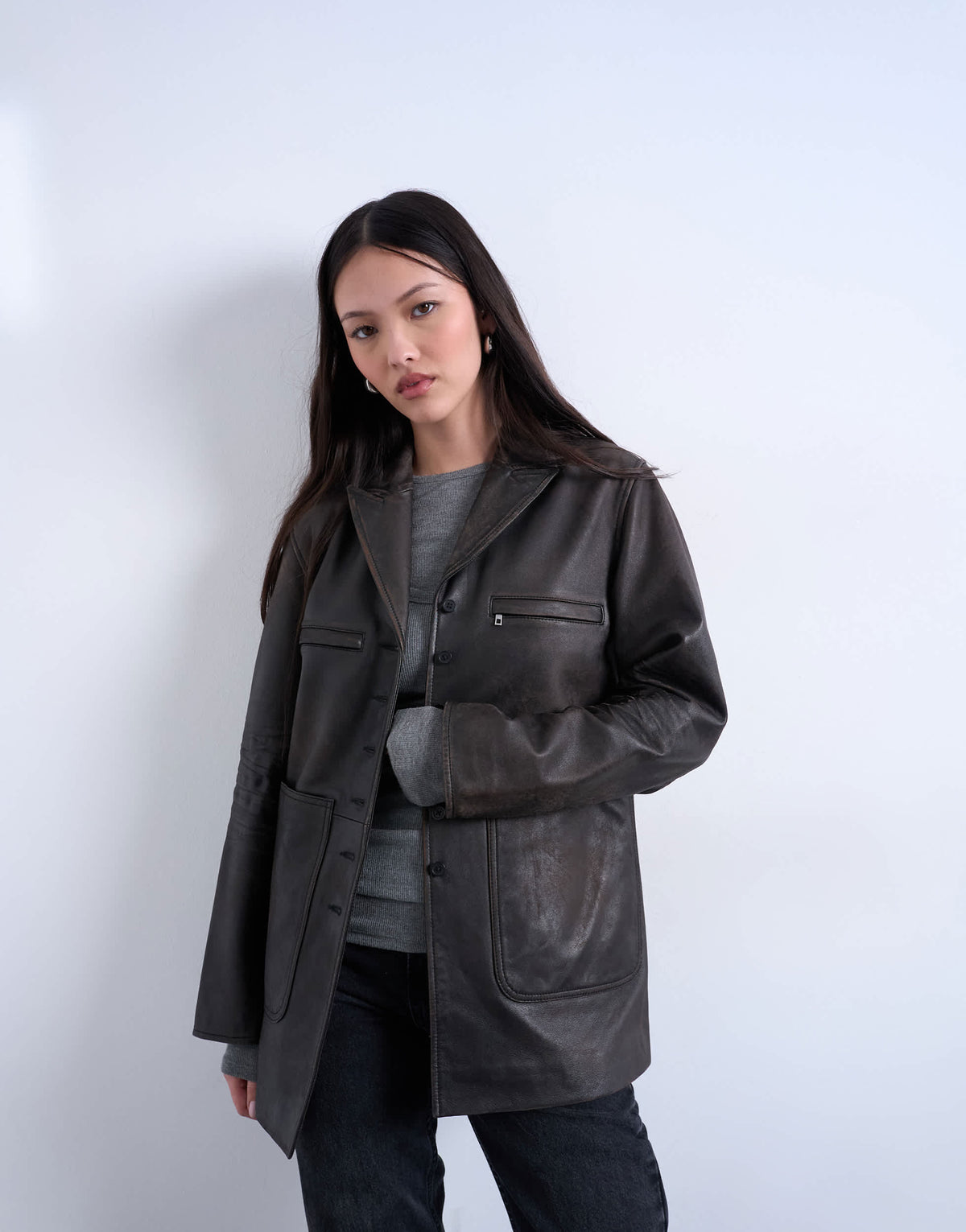 Topshop premium real leather blazer with patch pockets in washed black