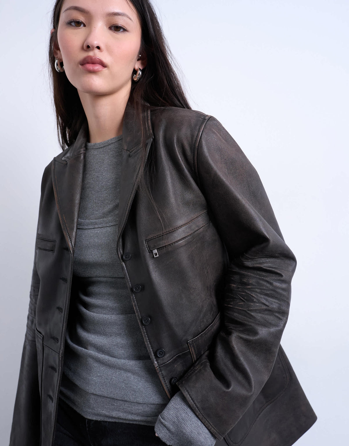Topshop premium real leather blazer with patch pockets in washed black